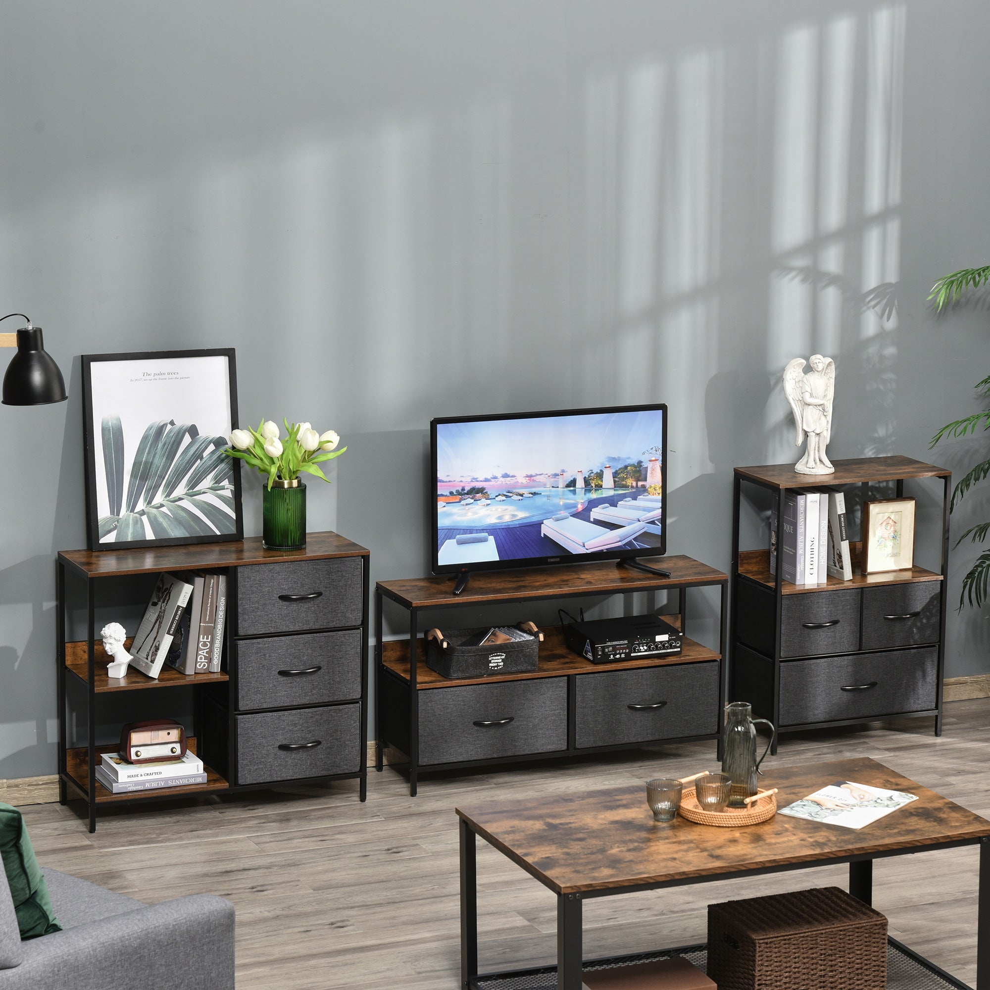 Cómoda de Estilo Industrial com Cestos de Tela Dobráveis 80x29x71cm - Marrom Rústico e Cinza Escuro