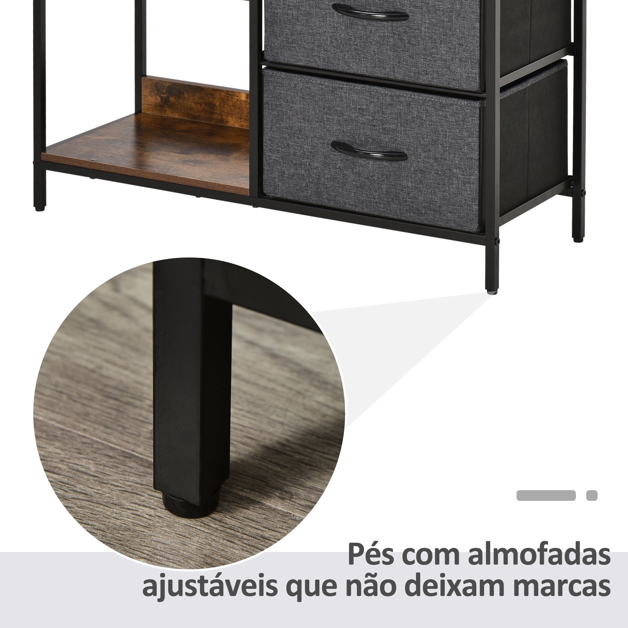 Cómoda de Estilo Industrial com Cestos de Tela Dobráveis 80x29x71cm - Marrom Rústico e Cinza Escuro