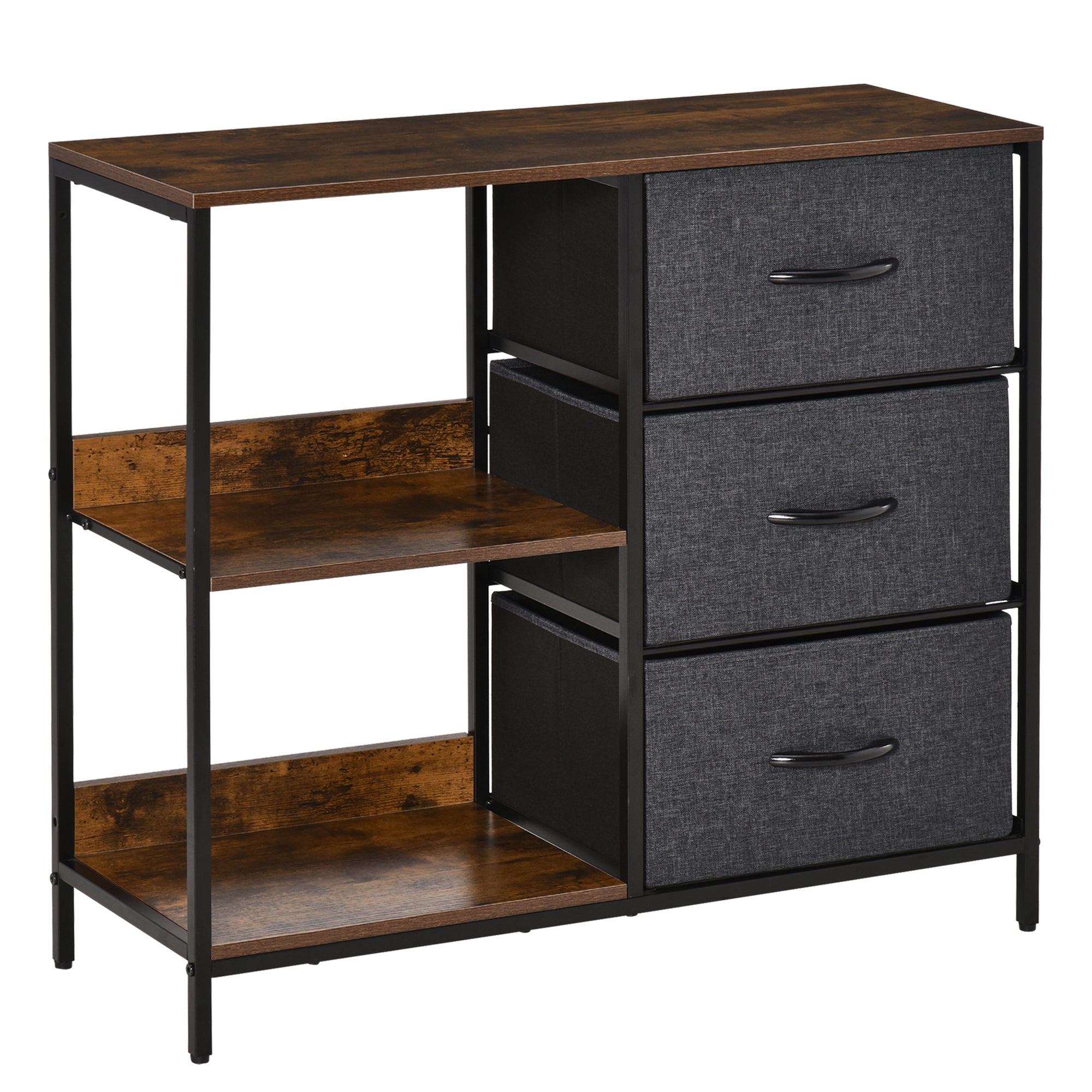 Cómoda de Estilo Industrial com Cestos de Tela Dobráveis 80x29x71cm - Marrom Rústico e Cinza Escuro