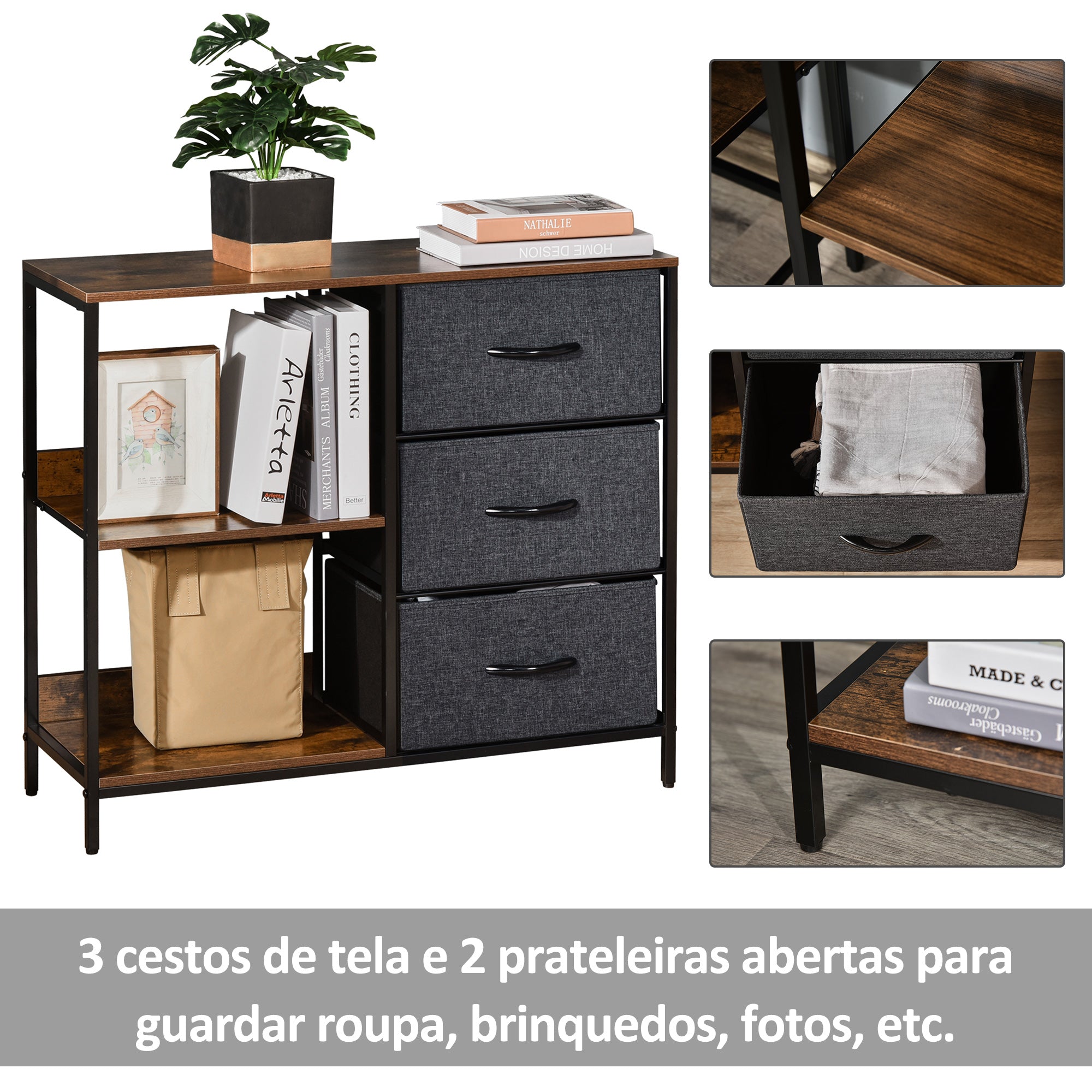 Cómoda de Estilo Industrial com Cestos de Tela Dobráveis 80x29x71cm - Marrom Rústico e Cinza Escuro