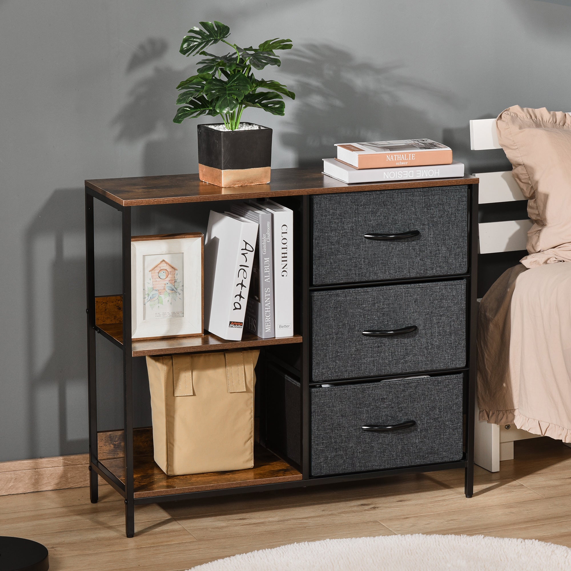 Cómoda de Estilo Industrial com Cestos de Tela Dobráveis 80x29x71cm - Marrom Rústico e Cinza Escuro