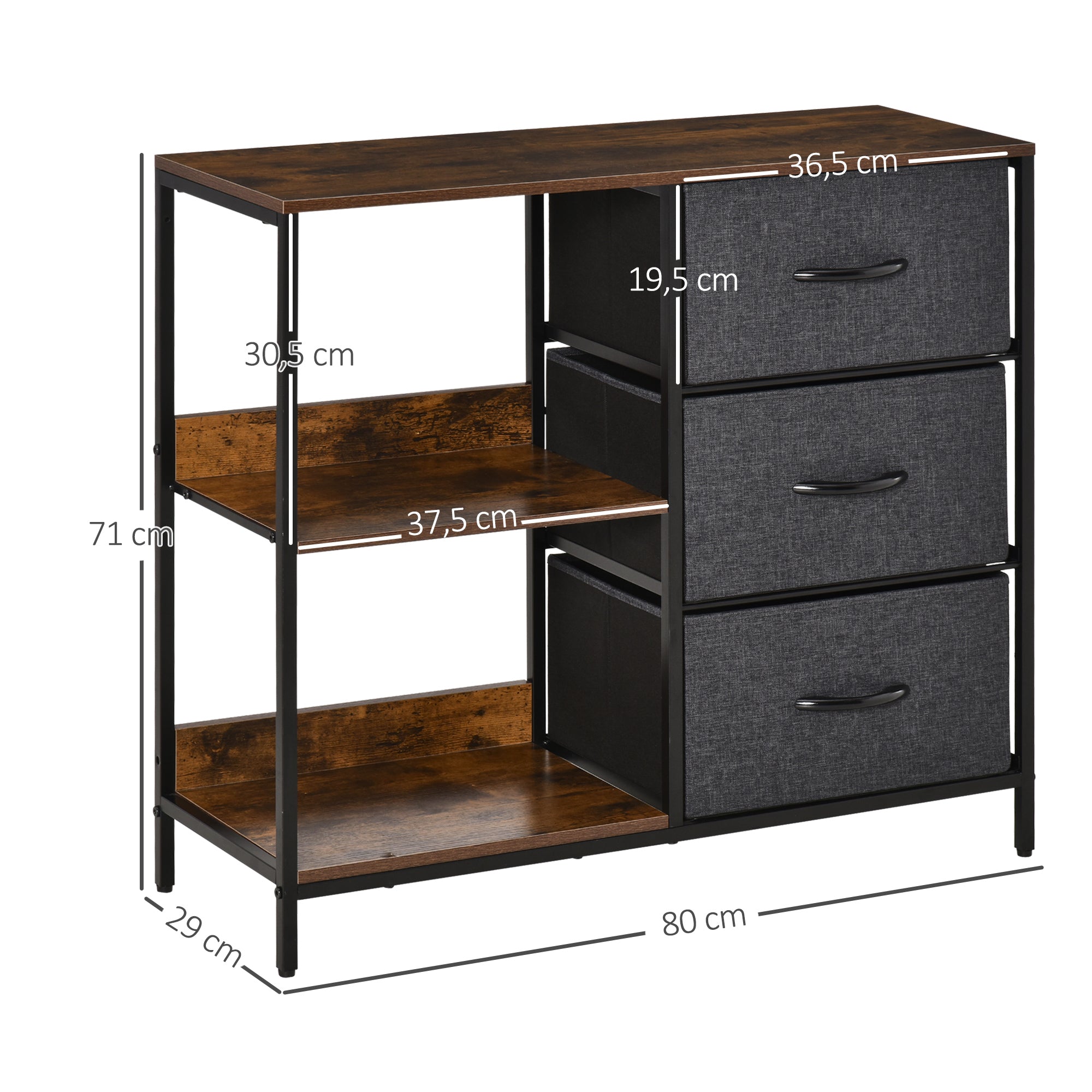 Cómoda de Estilo Industrial com Cestos de Tela Dobráveis 80x29x71cm - Marrom Rústico e Cinza Escuro