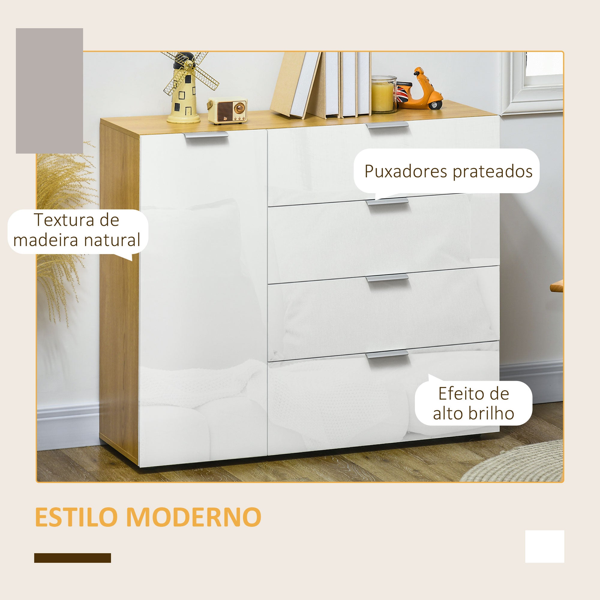 Cómoda – 105x35x92 cm – Branco e Madeira