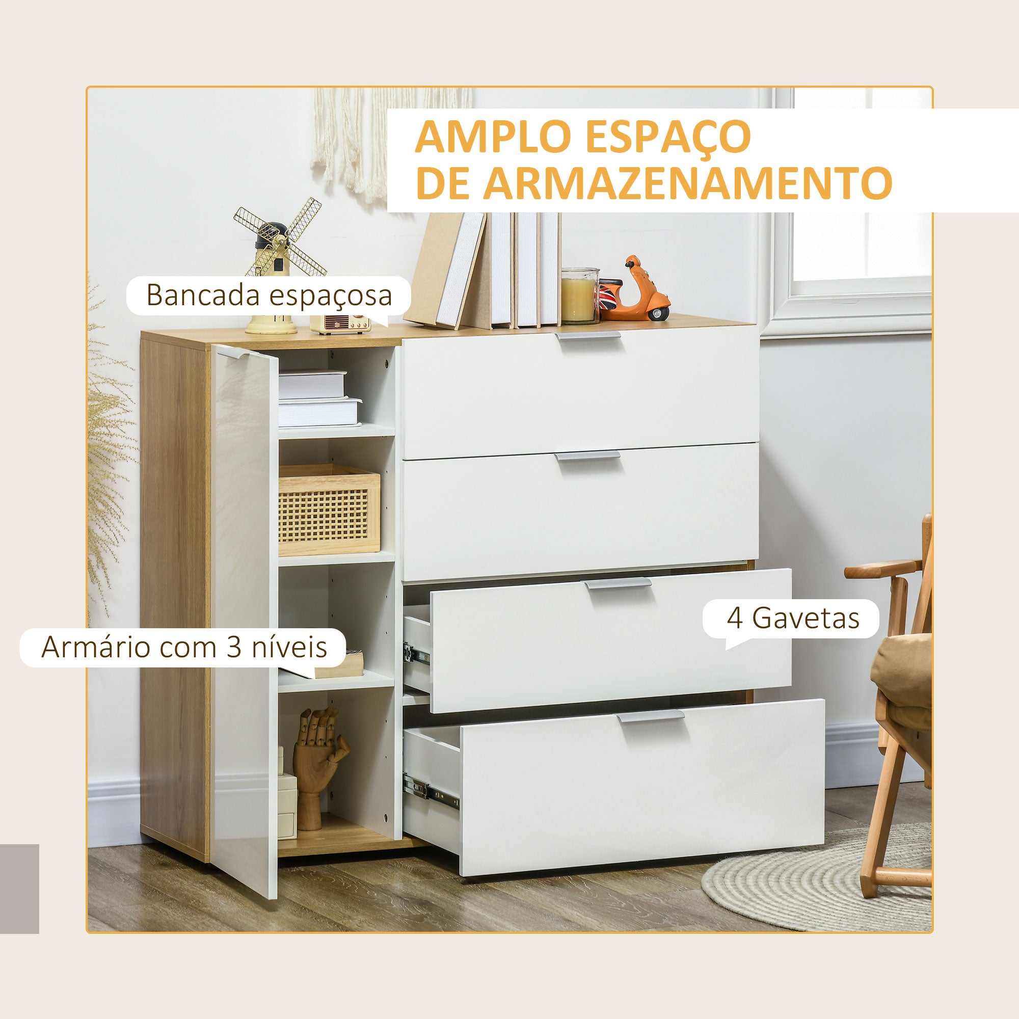 Cómoda – 105x35x92 cm – Branco e Madeira