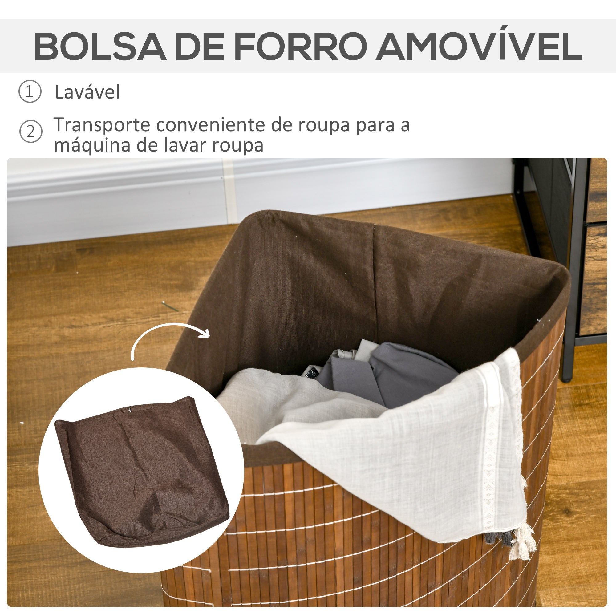 Cesto de Roupa em Bambu Marrom 38x38x57 cm - Capacidade 55L