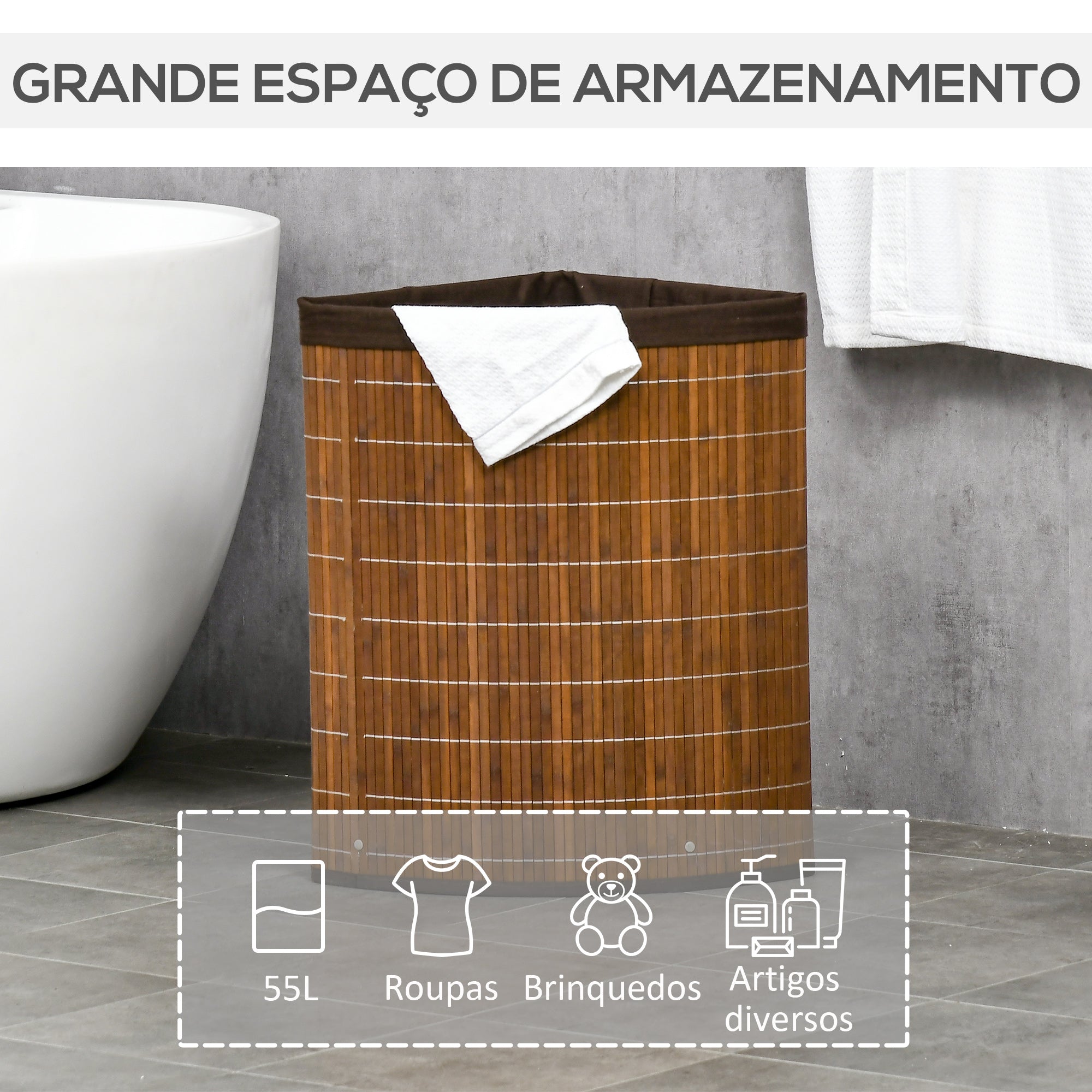 Cesto de Roupa em Bambu Marrom 38x38x57 cm - Capacidade 55L
