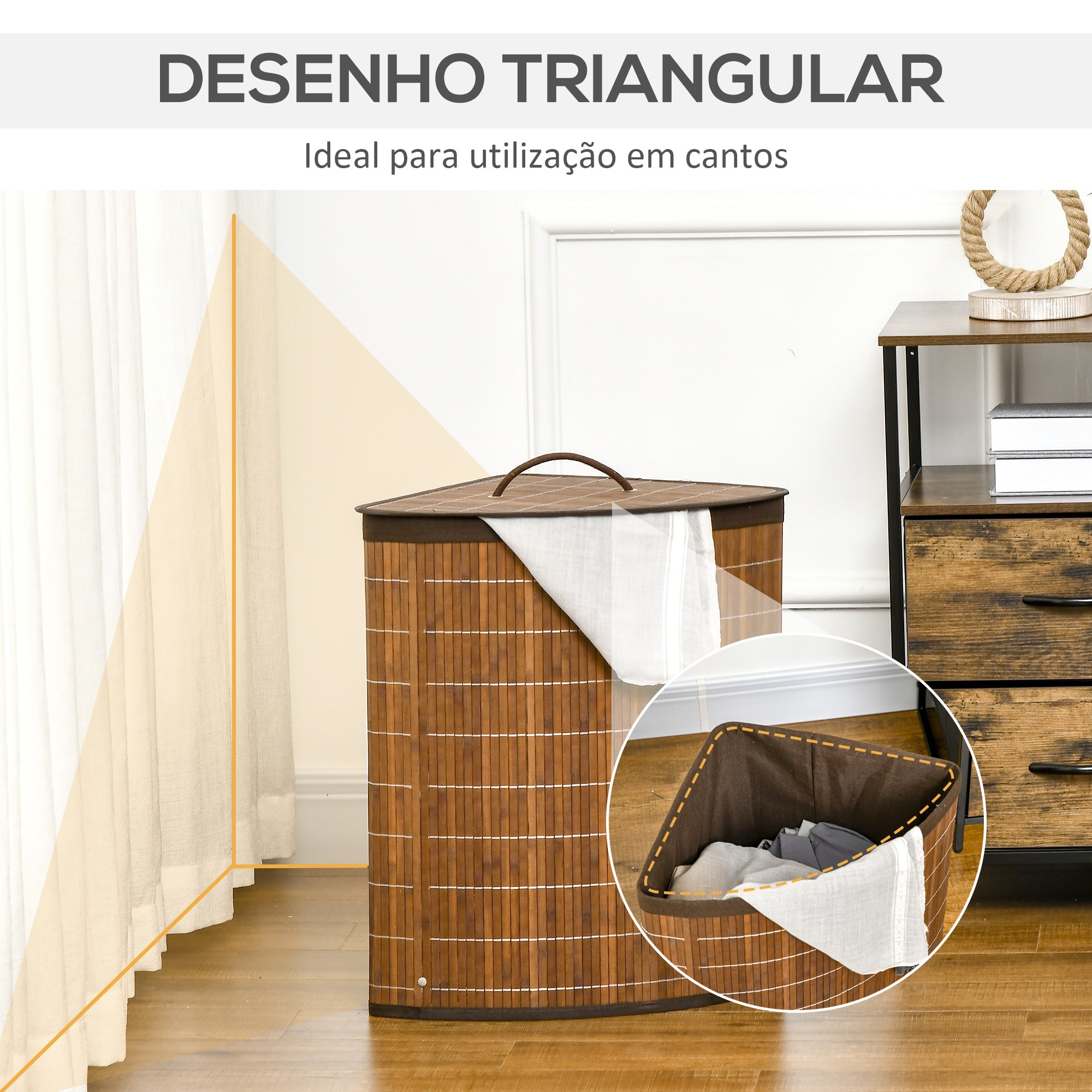 Cesto de Roupa em Bambu Marrom 38x38x57 cm - Capacidade 55L