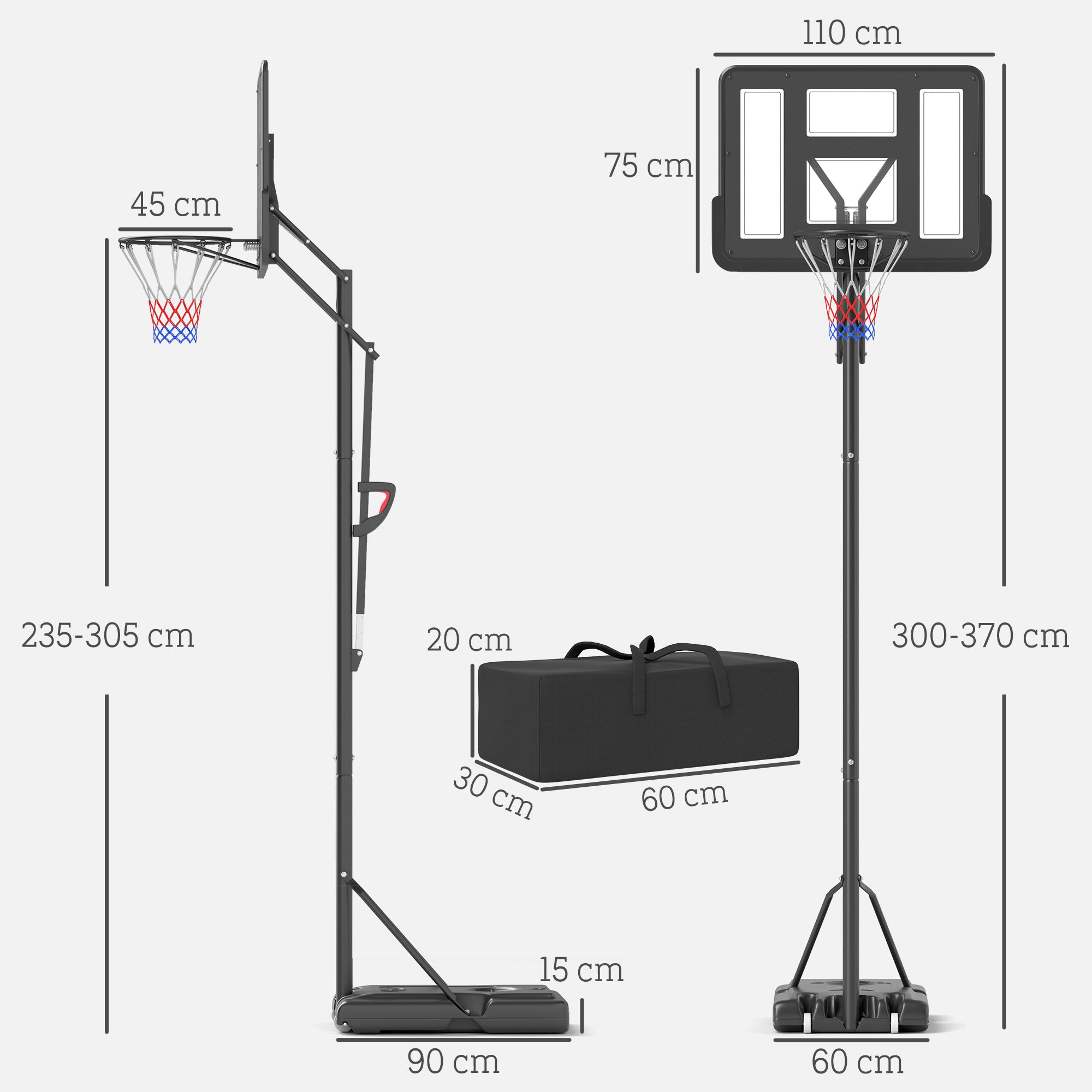 Tabela de Basquetebol de Exterior com Altura Ajustável 235-305 cm - Cor Preto