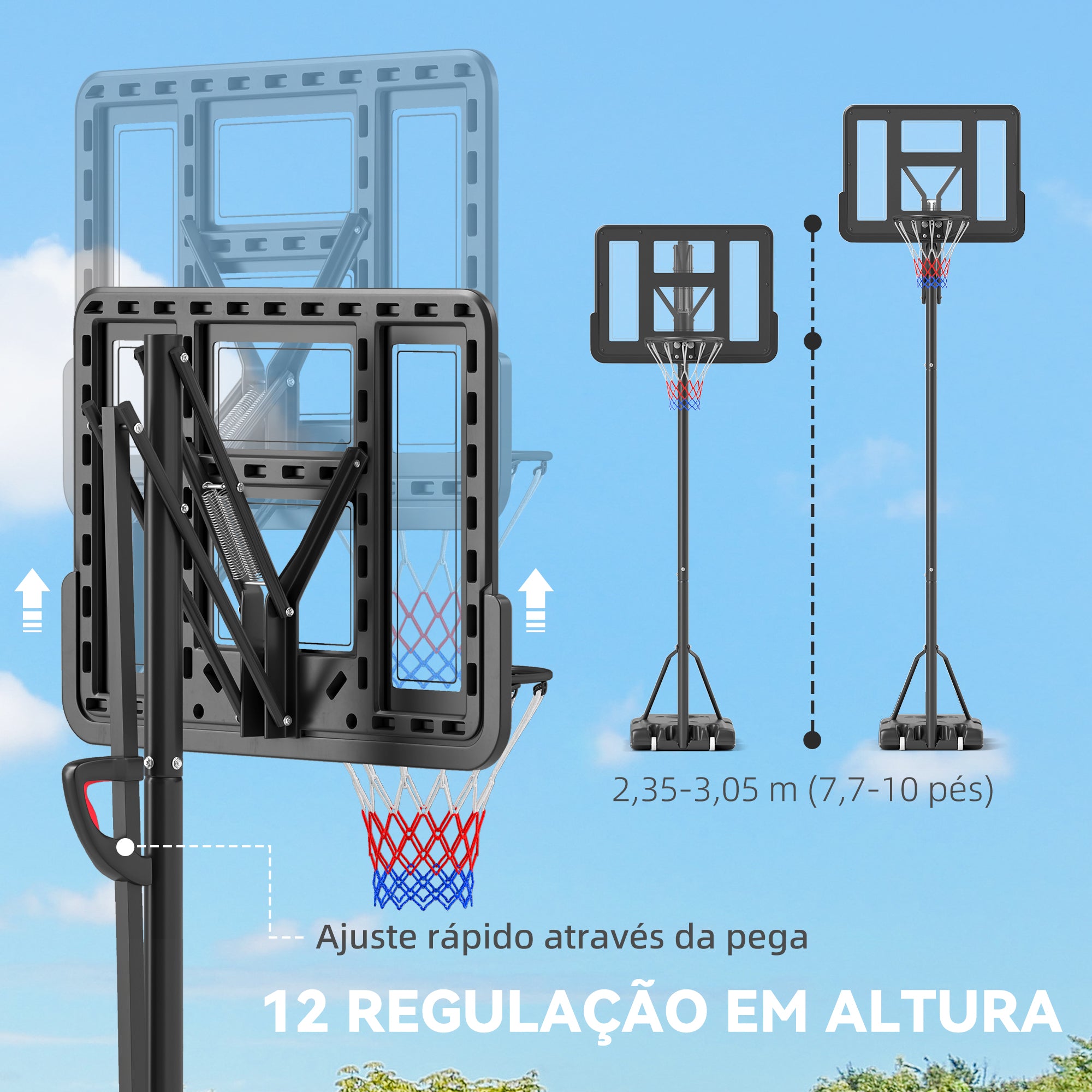Tabela de Basquetebol de Exterior com Altura Ajustável 235-305 cm - Cor Preto