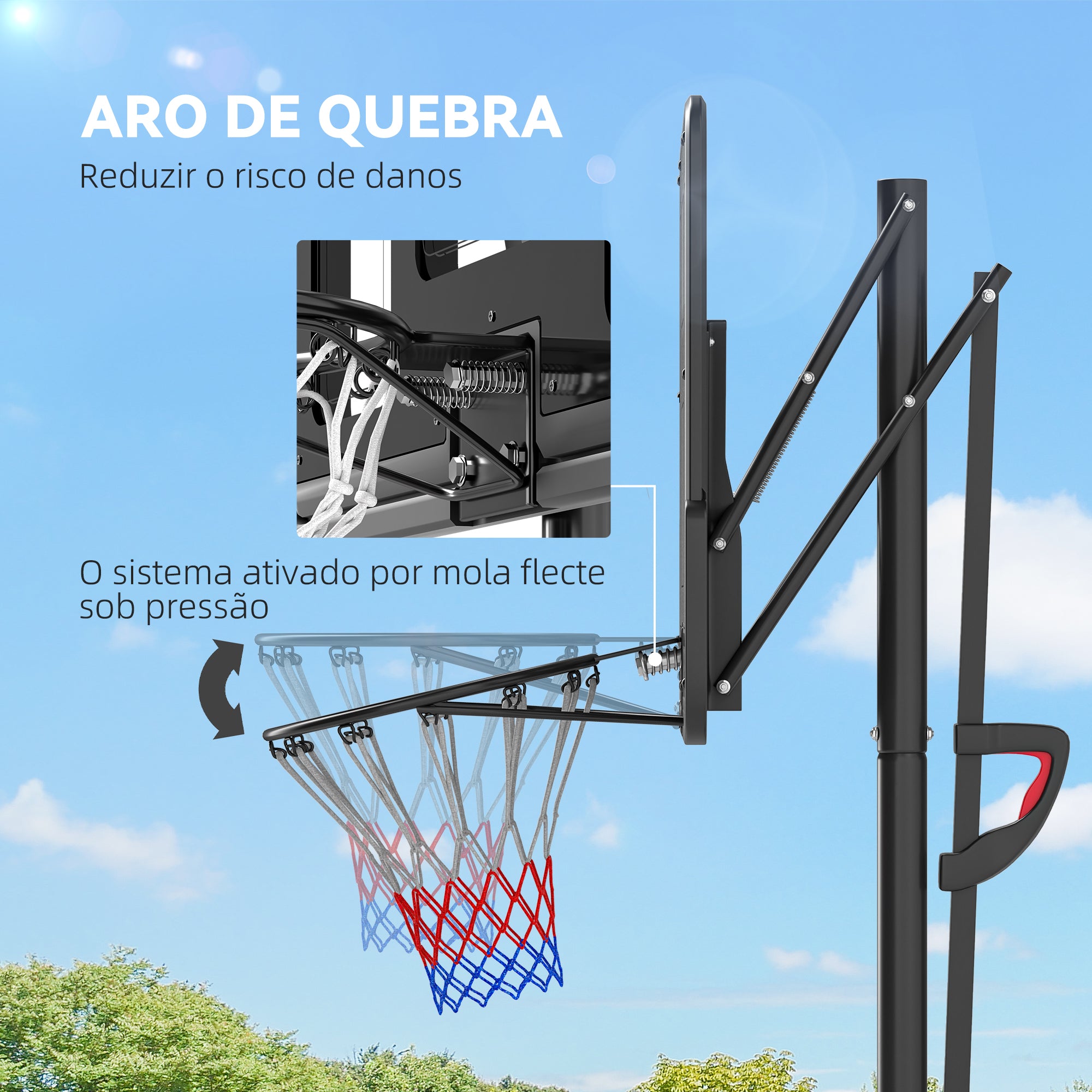 Tabela de Basquetebol de Exterior com Altura Ajustável 235-305 cm - Cor Preto