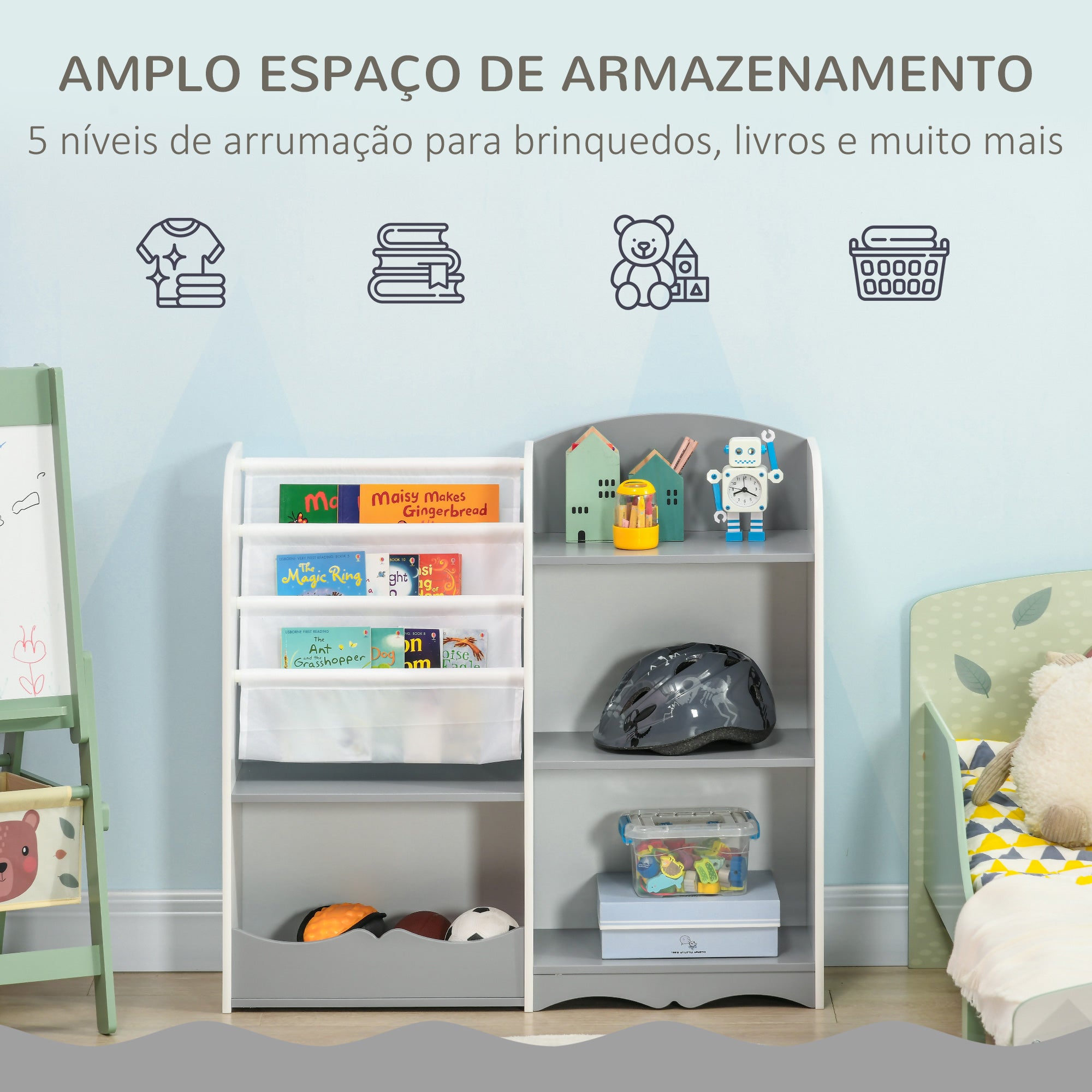 Organizador de Brinquedos Infantil 85x26x84 cm Cinza e Branco