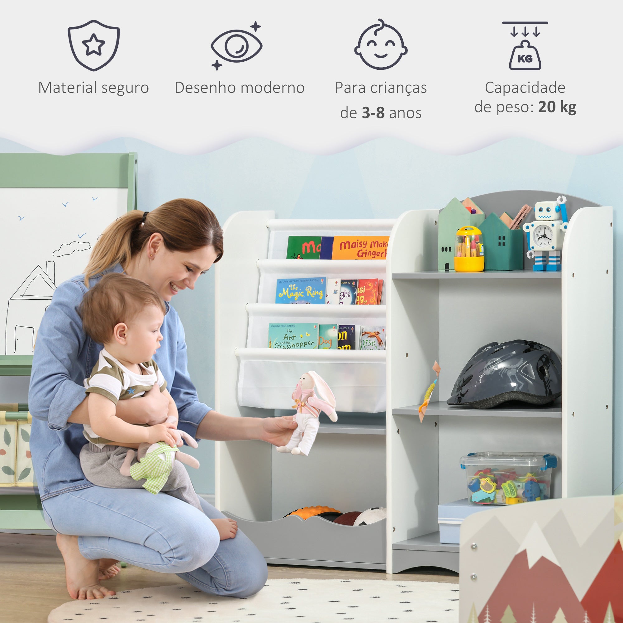 Organizador de Brinquedos Infantil 85x26x84 cm Cinza e Branco