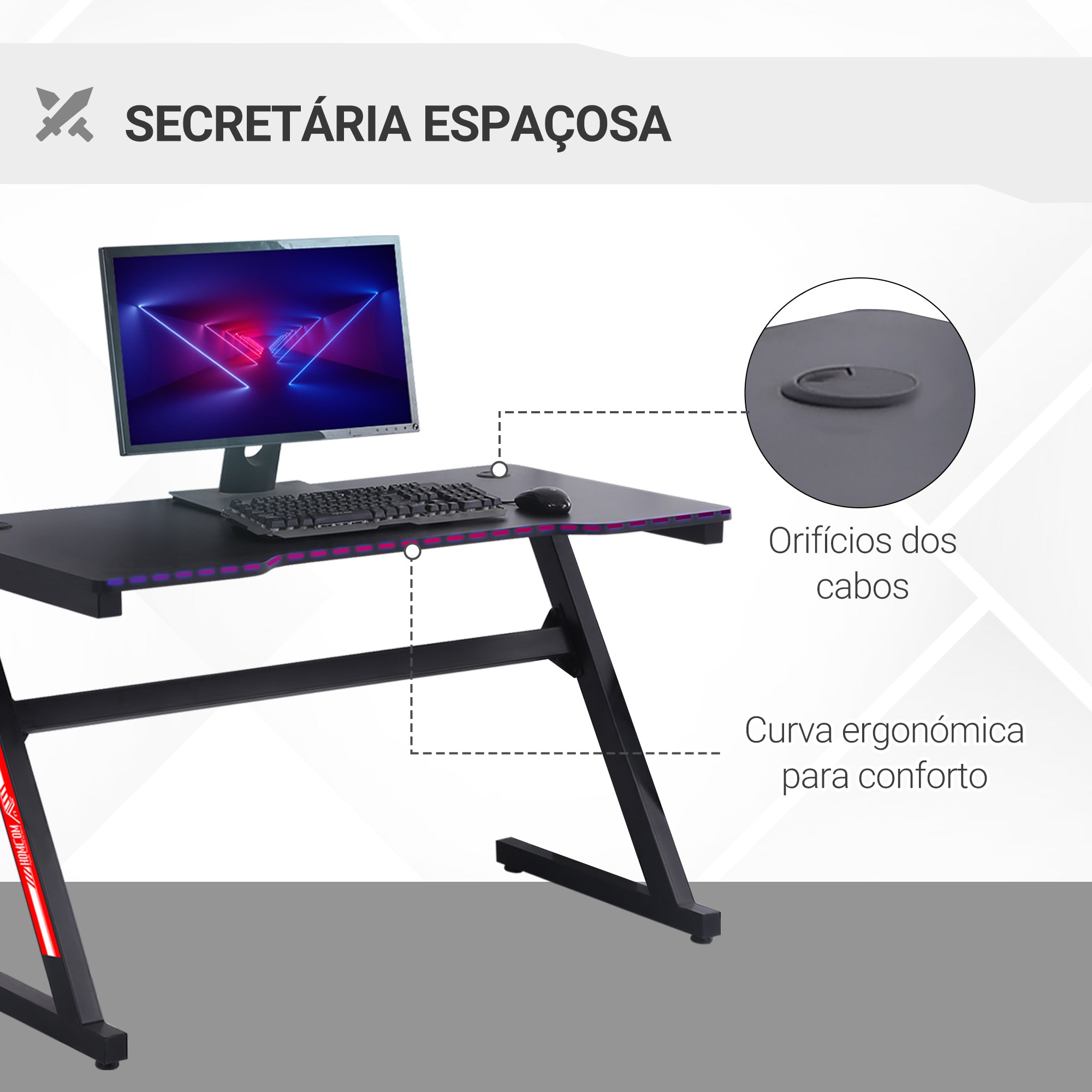 Secretária Gaming Ergonómica Preto 120x60x73 cm