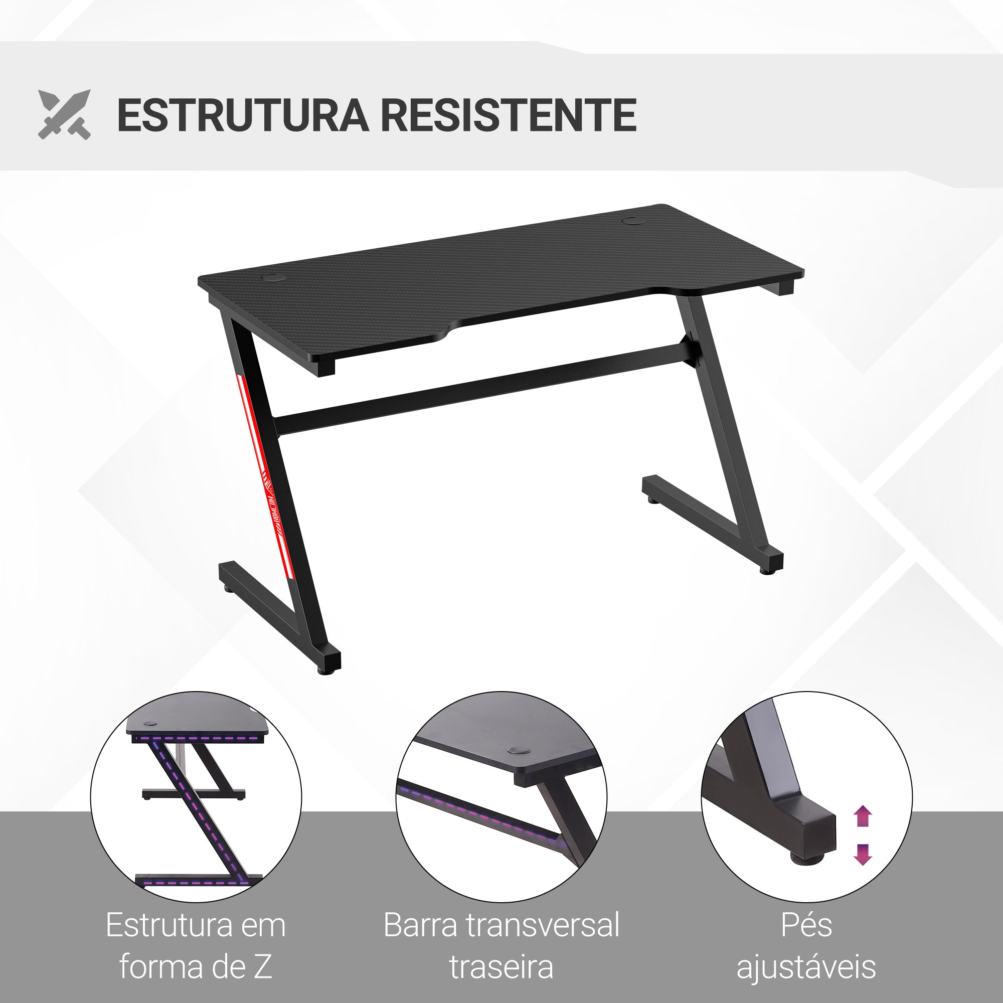 Secretária Gaming Ergonómica Preto 120x60x73 cm