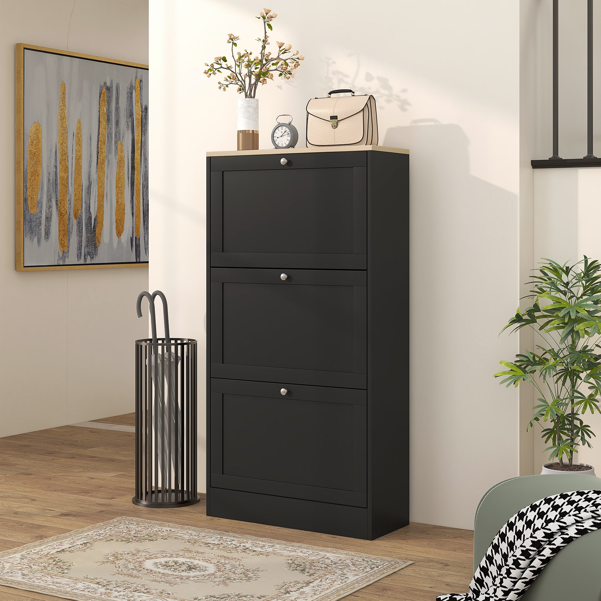 Sapateira Moderna com 3 Gavetas Basculantes 60x23,5x115 cm - Cor Preto