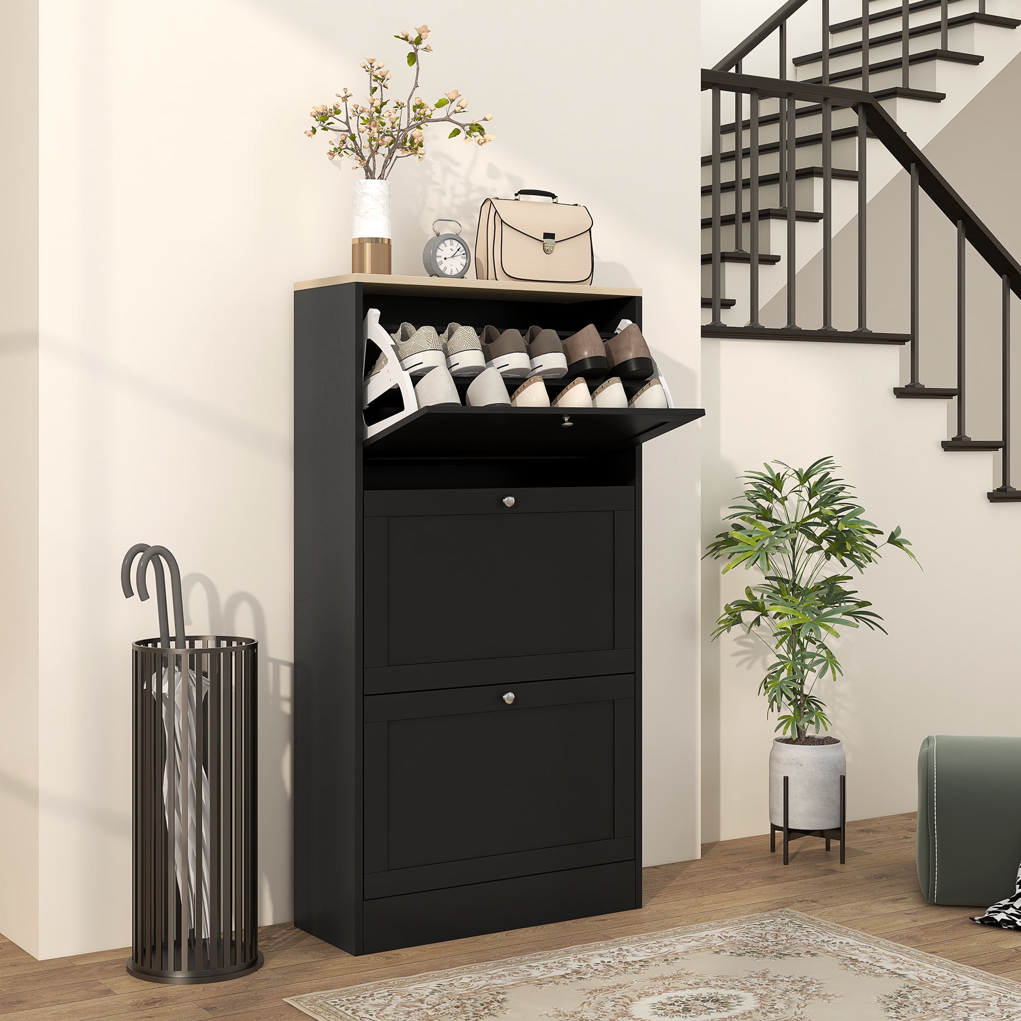 Sapateira Moderna com 3 Gavetas Basculantes 60x23,5x115 cm - Cor Preto