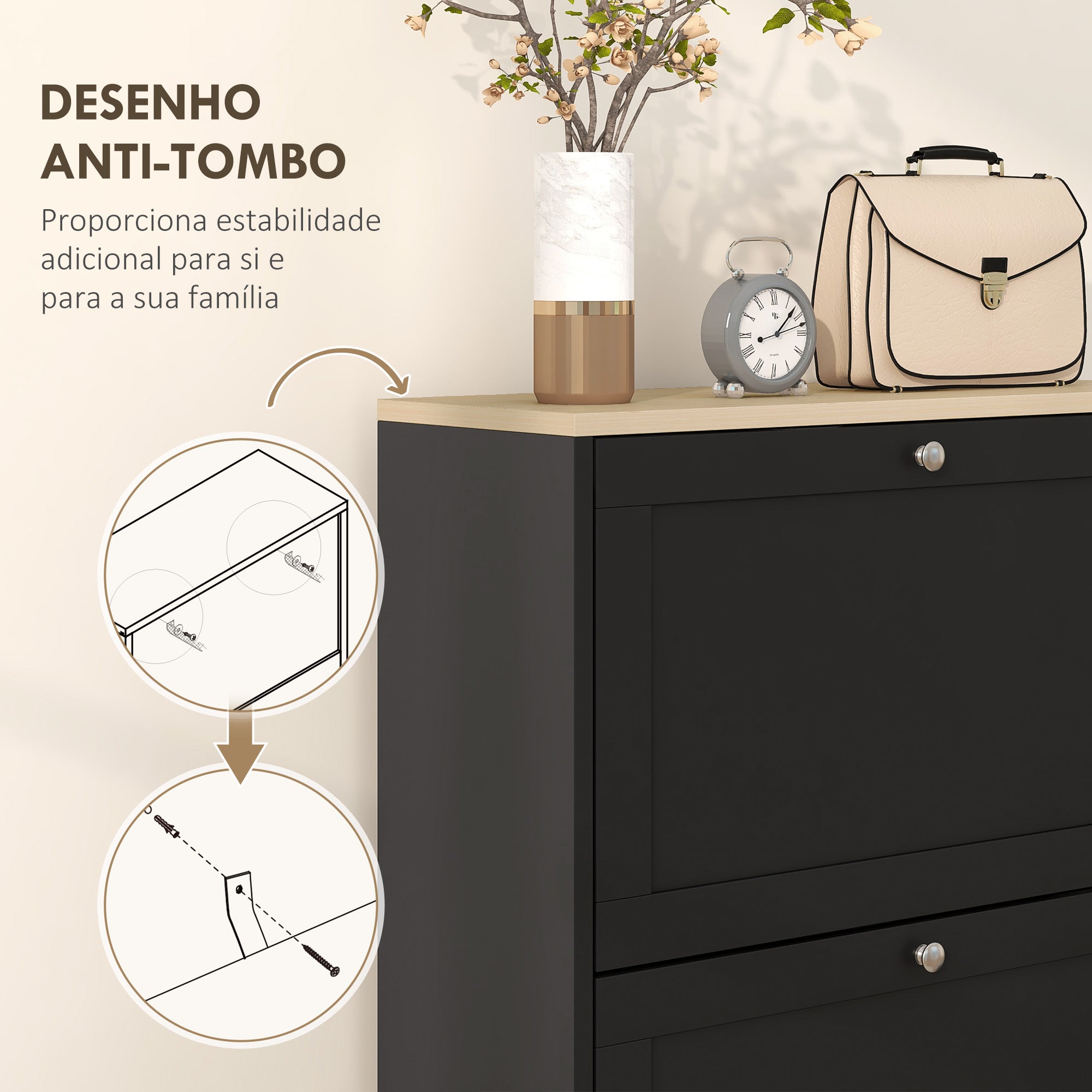 Sapateira Moderna com 3 Gavetas Basculantes 60x23,5x115 cm - Cor Preto