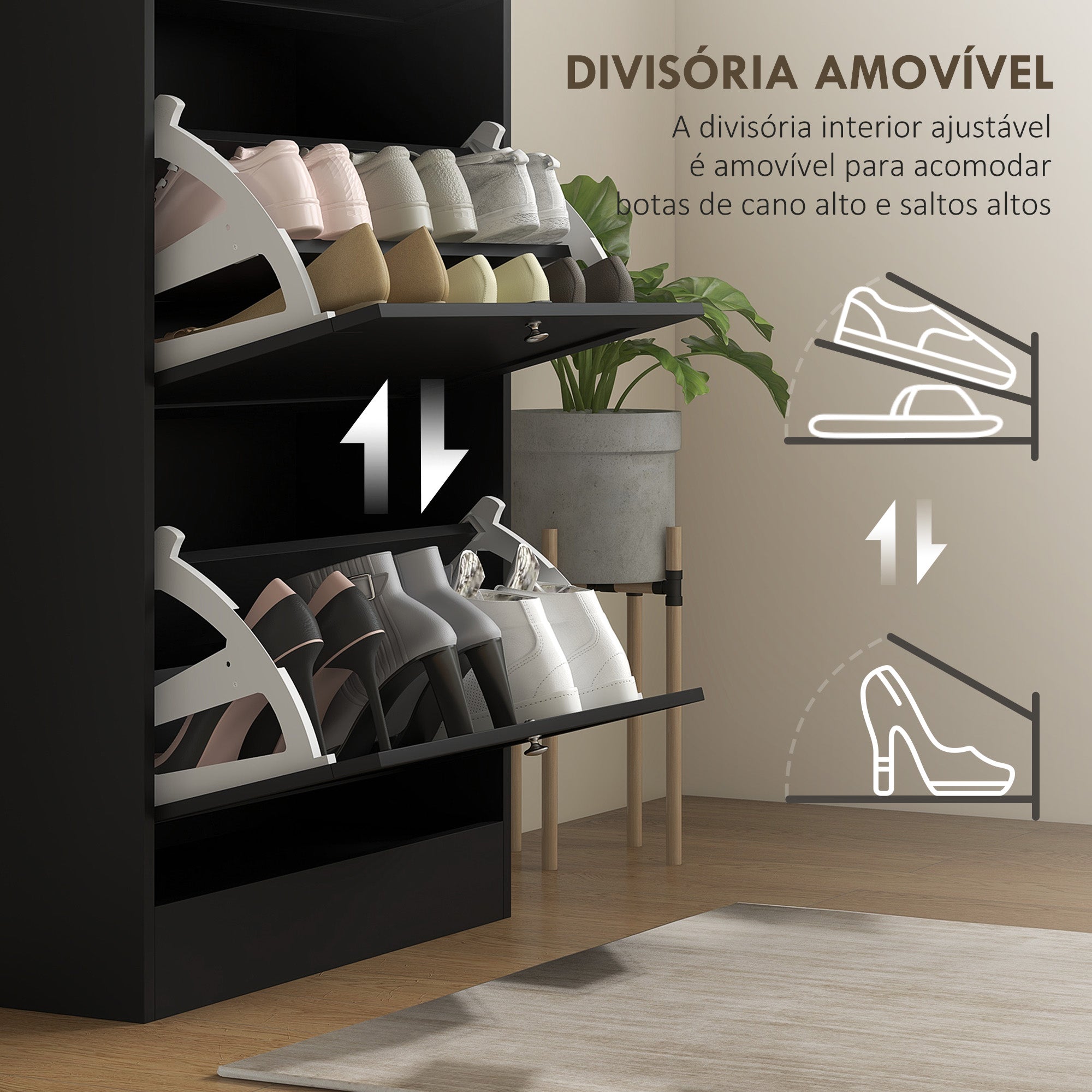 Sapateira Moderna com 3 Gavetas Basculantes 60x23,5x115 cm - Cor Preto