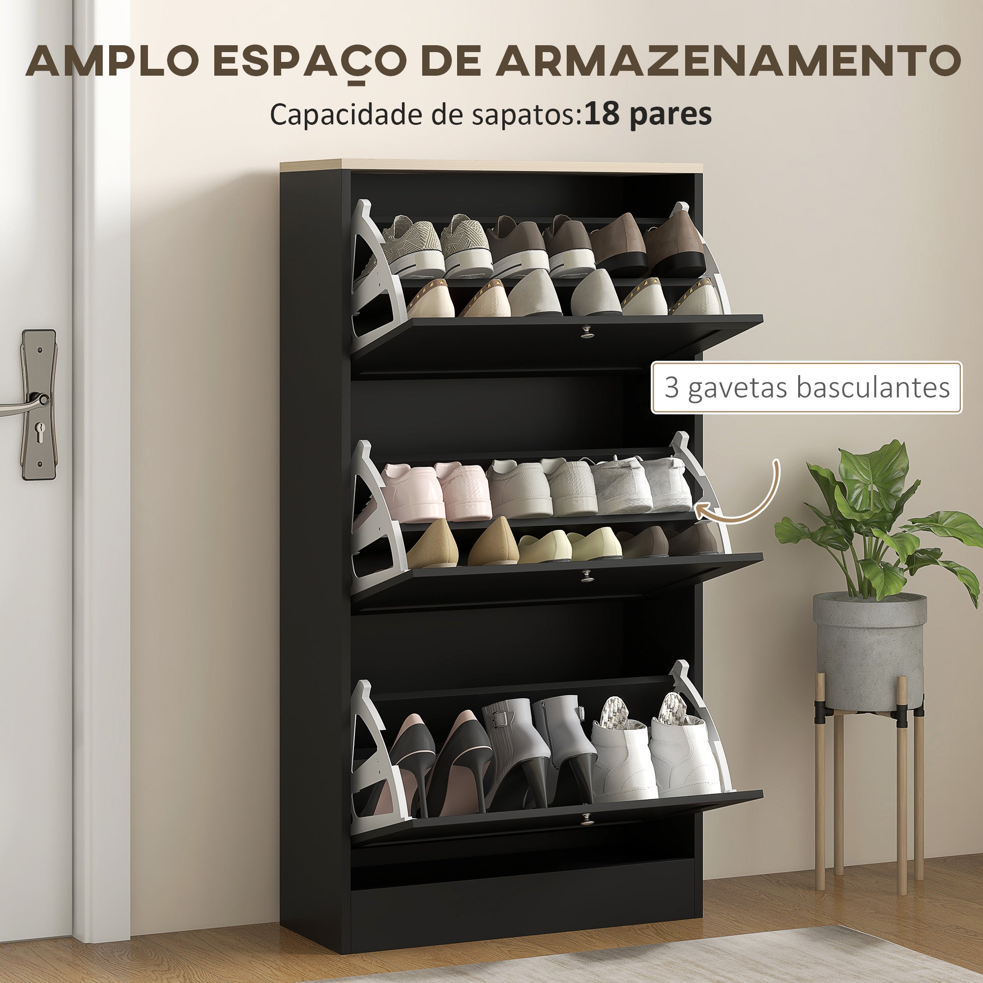 Sapateira Moderna com 3 Gavetas Basculantes 60x23,5x115 cm - Cor Preto