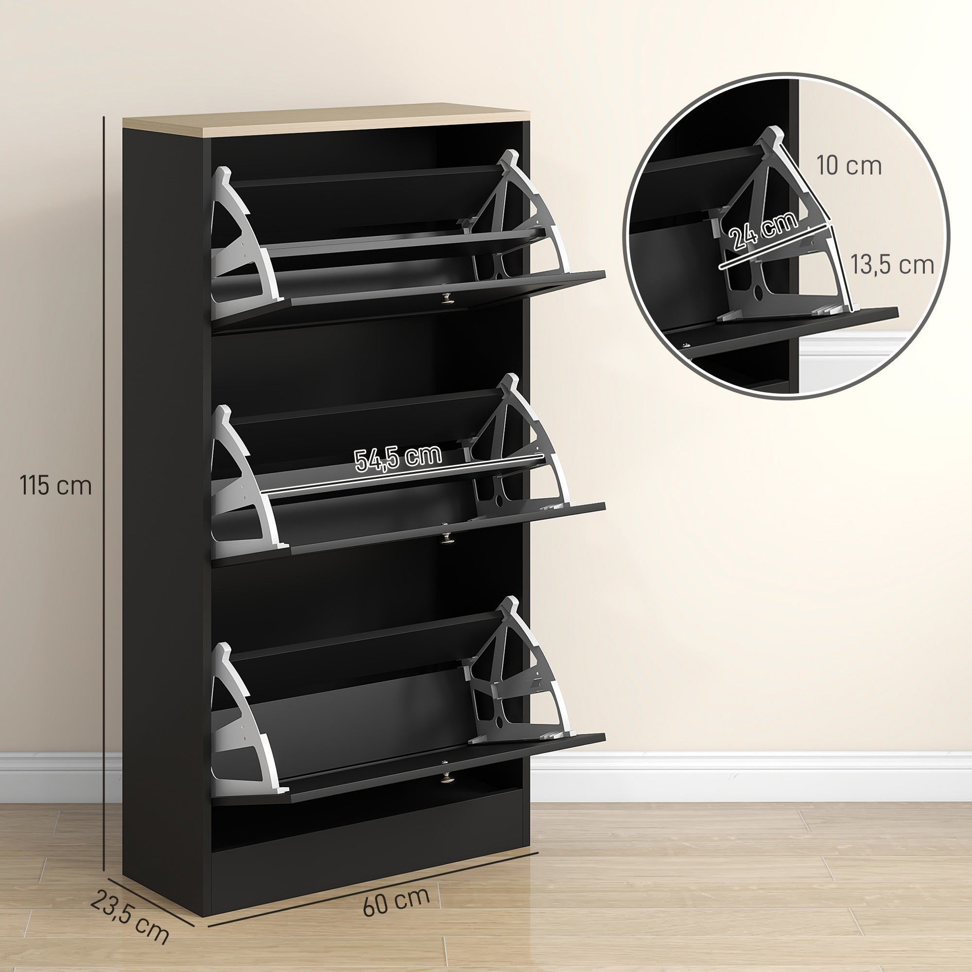 Sapateira Moderna com 3 Gavetas Basculantes 60x23,5x115 cm - Cor Preto