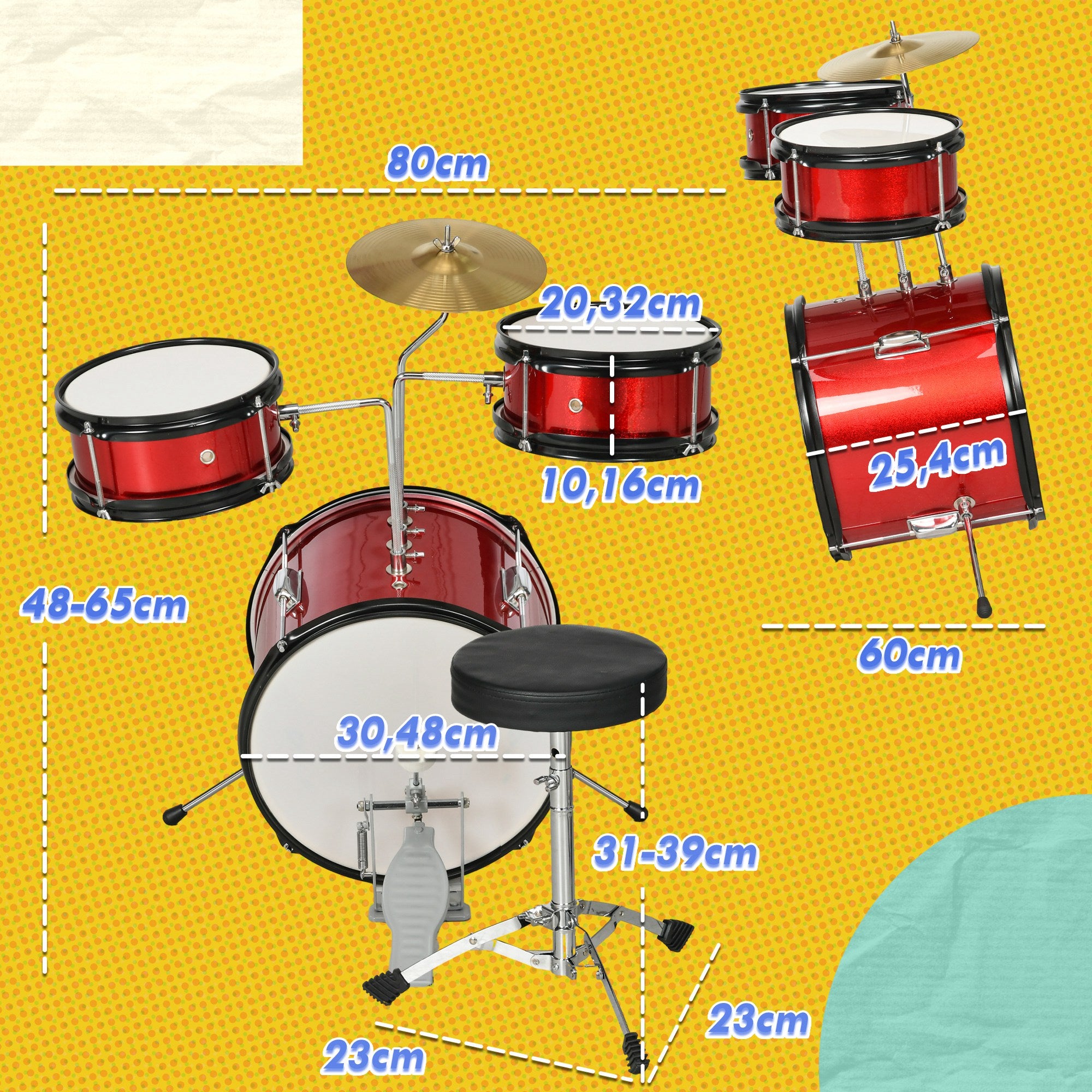 Bateria Infantil com Banco Ajustável 80x60x48-65 cm Vermelho