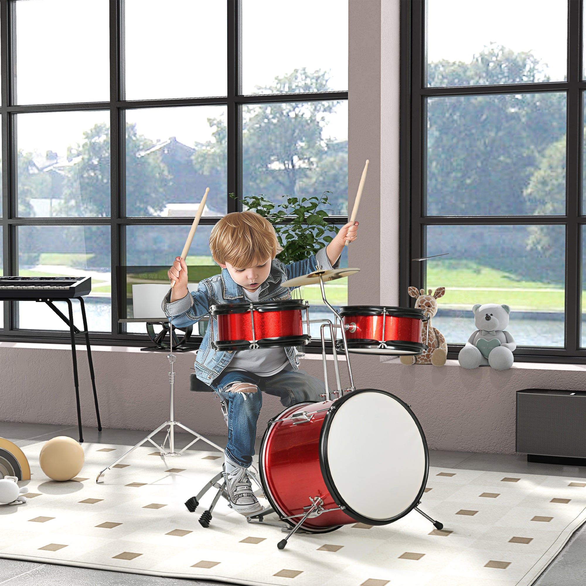 Bateria Infantil com Banco Ajustável 80x60x48-65 cm Vermelho