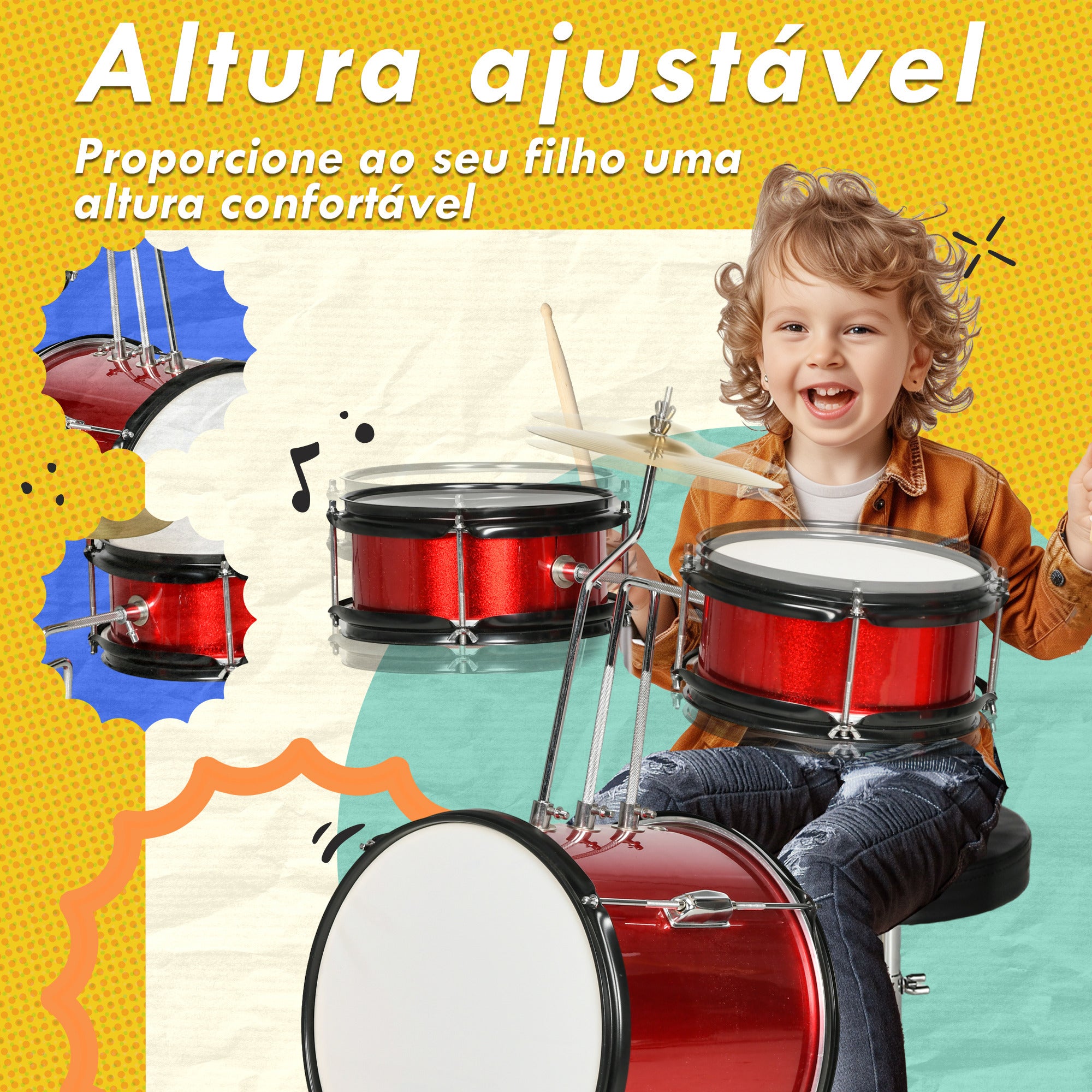 Bateria Infantil com Banco Ajustável 80x60x48-65 cm Vermelho