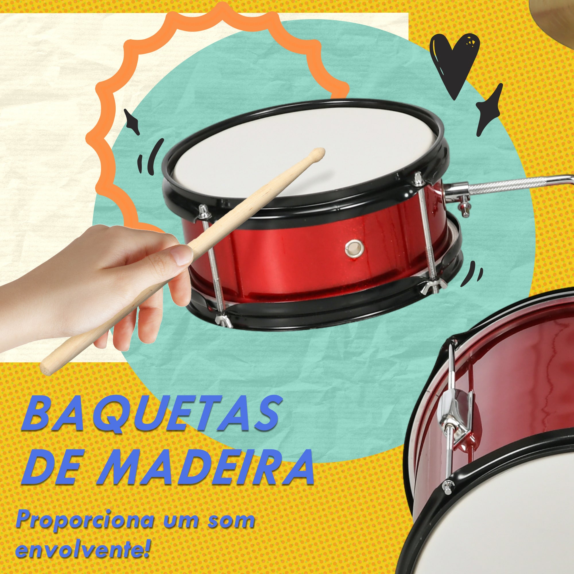 Bateria Infantil com Banco Ajustável 80x60x48-65 cm Vermelho