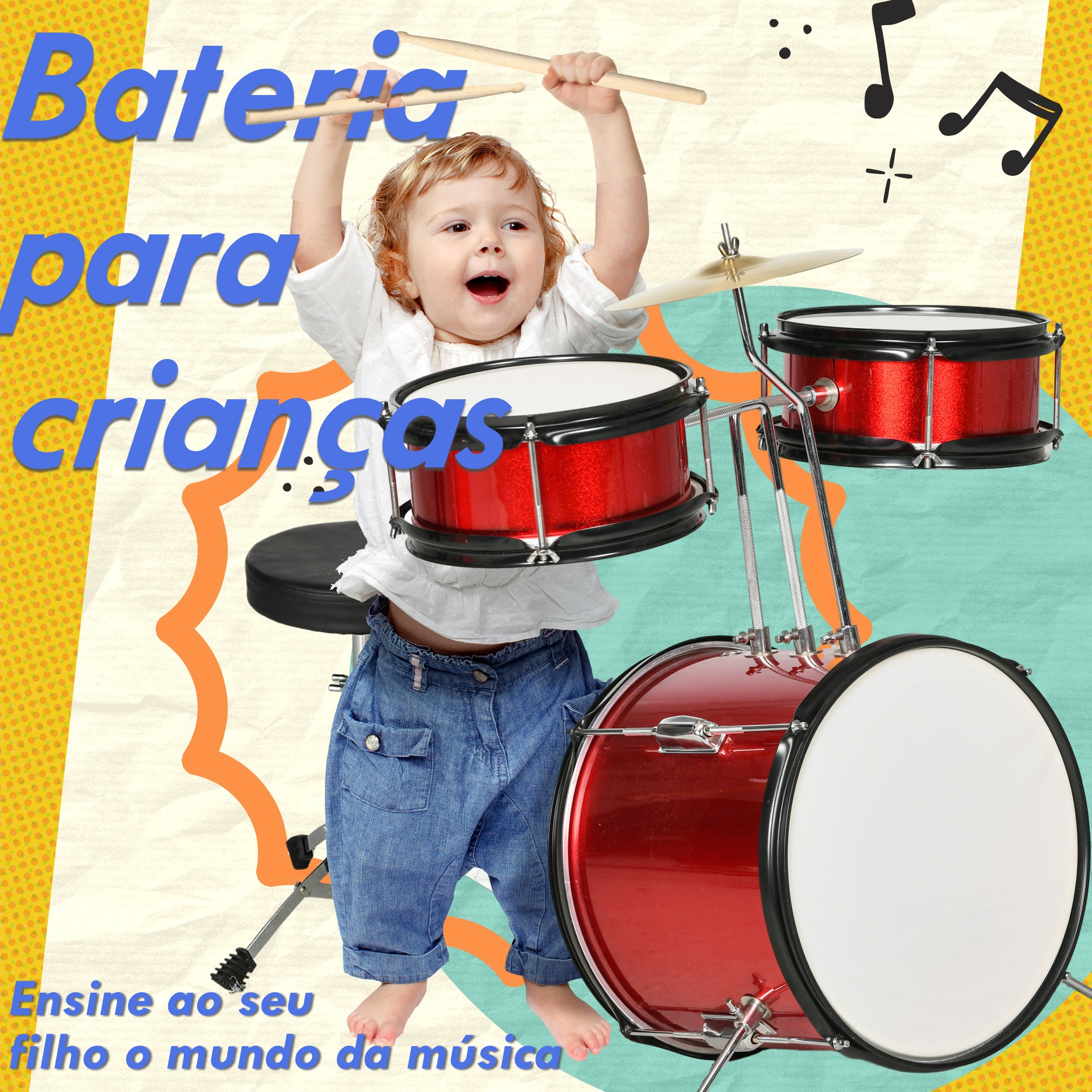Bateria Infantil com Banco Ajustável 80x60x48-65 cm Vermelho