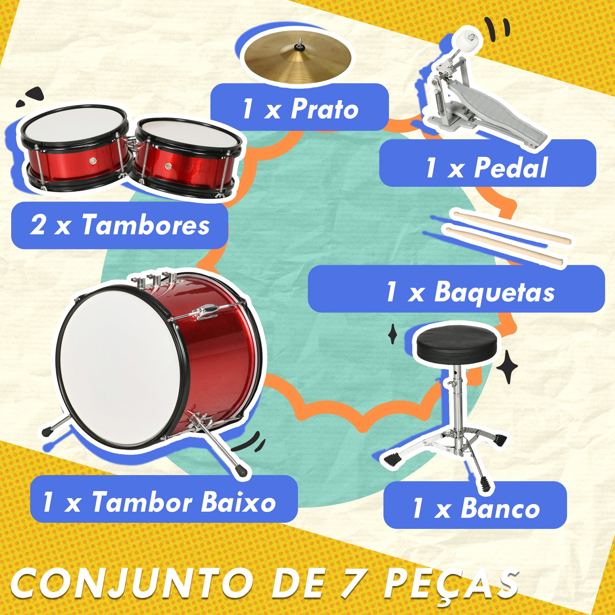 Bateria Infantil com Banco Ajustável 80x60x48-65 cm Vermelho
