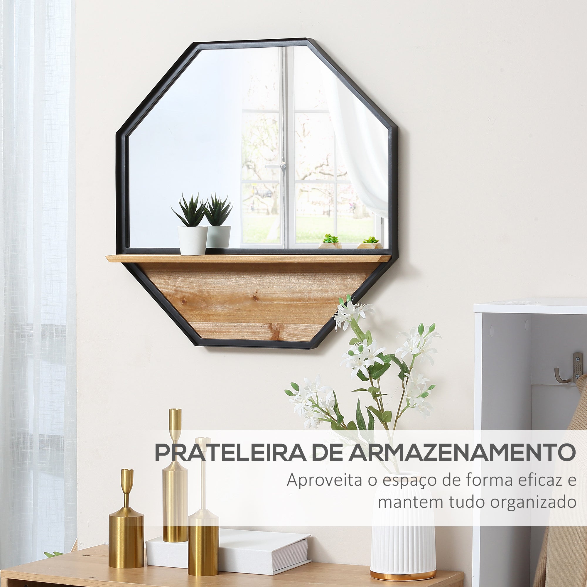 Espelho Decorativo de Parede 61x61cm Preto e Madeira
