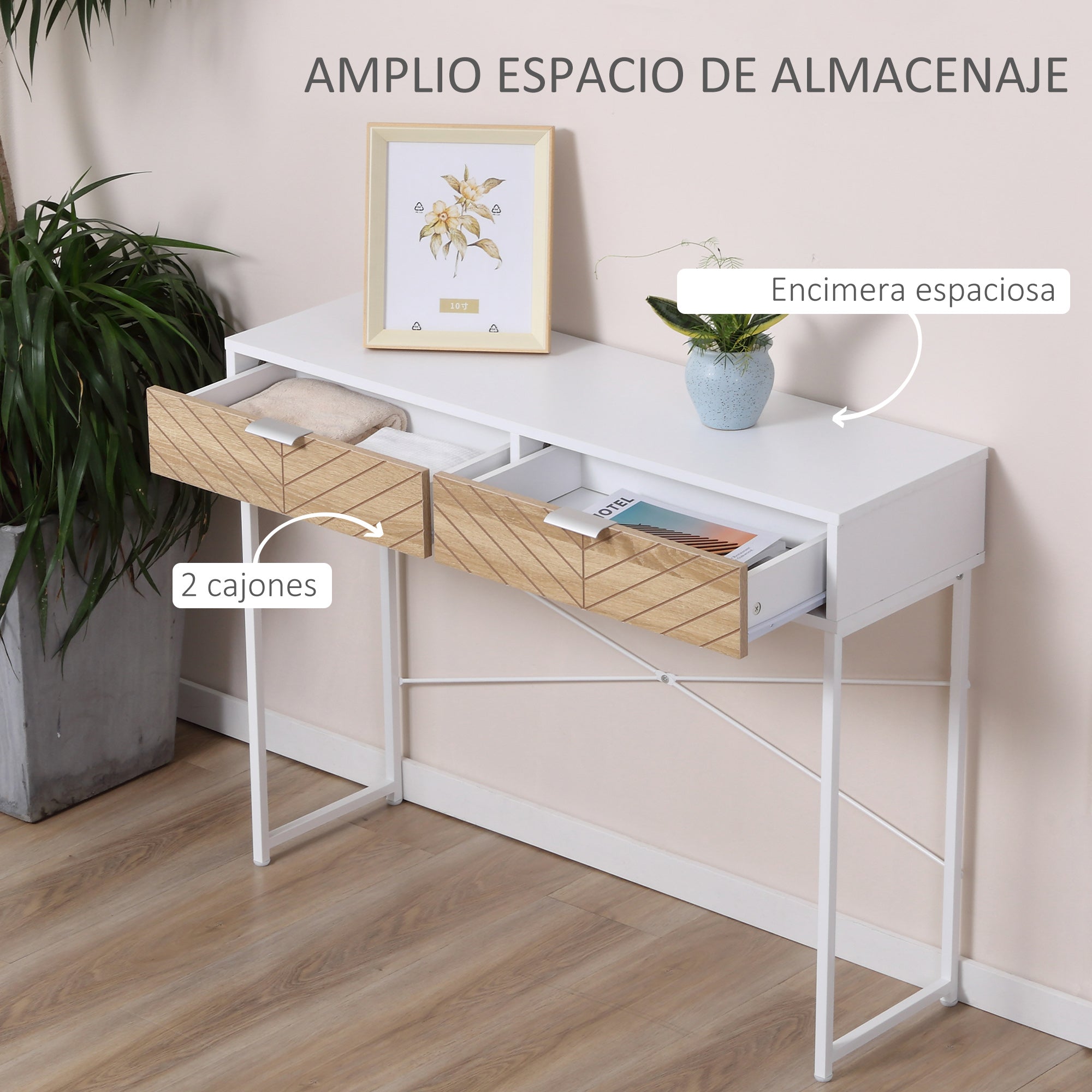 Mesa Consola 100x30x75cm Branca com 2 Gavetas de Armazenamento
