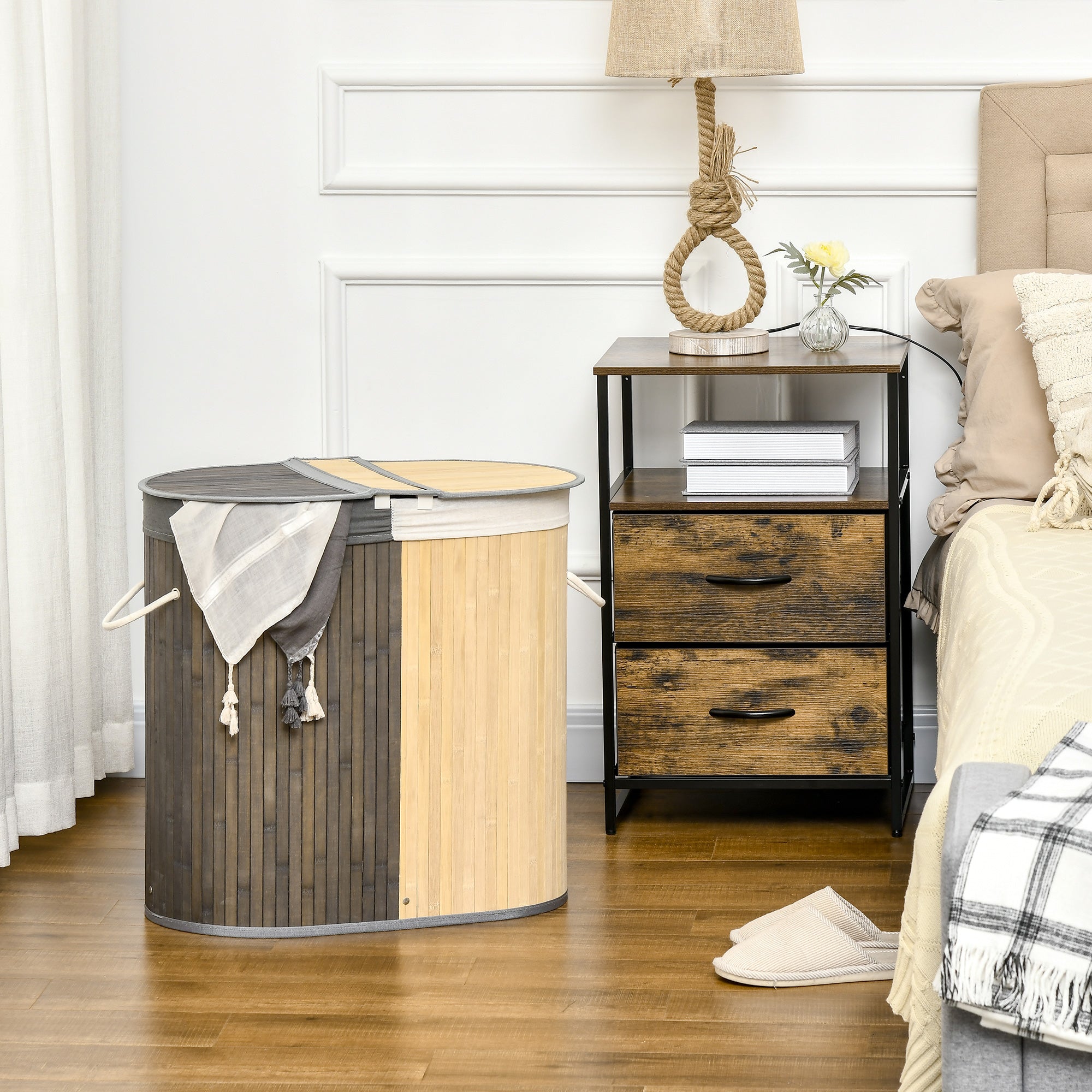 Cesto de Roupa de Bambu 100L 62,5x37x60,5cm Cinza e Madeira