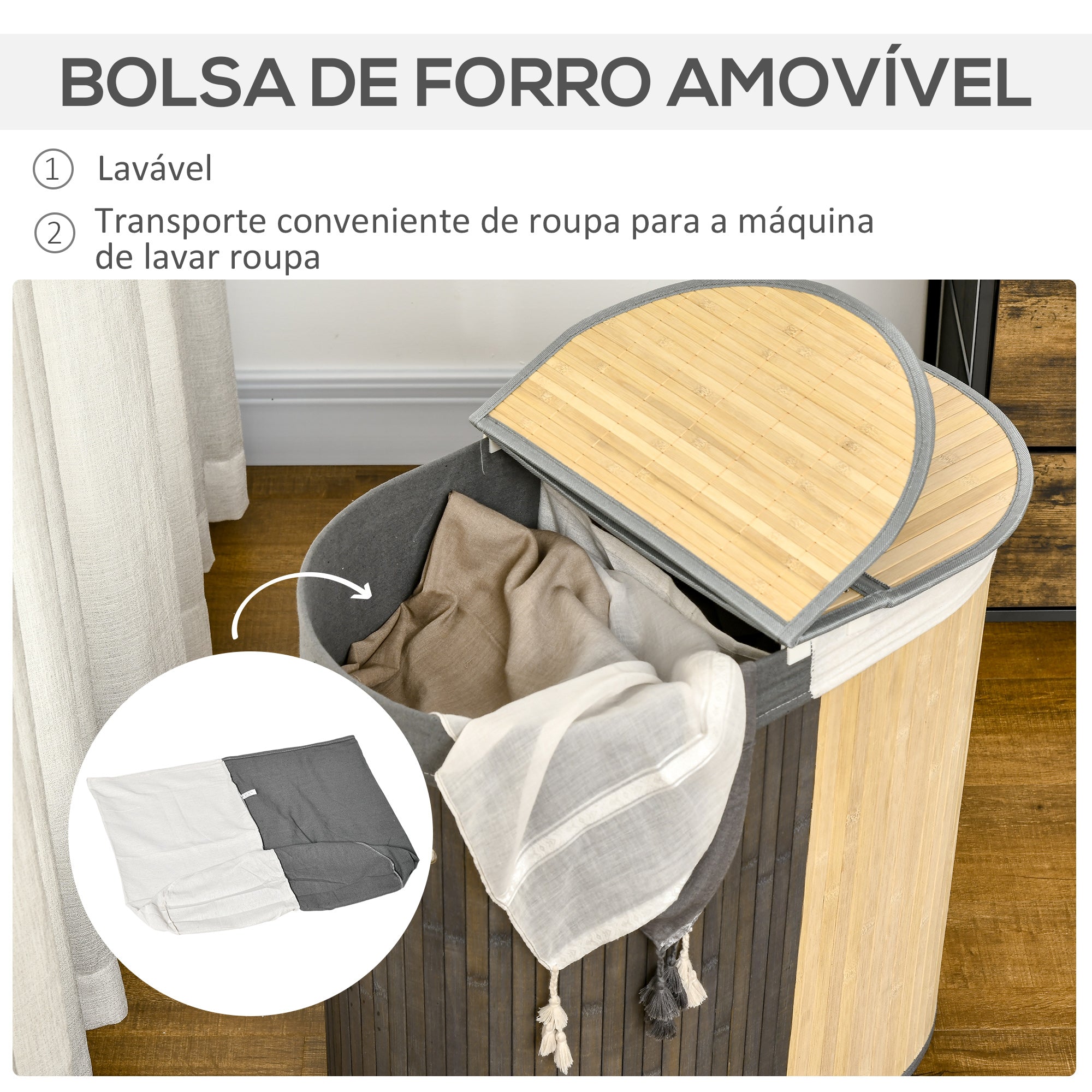Cesto de Roupa de Bambu 100L 62,5x37x60,5cm Cinza e Madeira