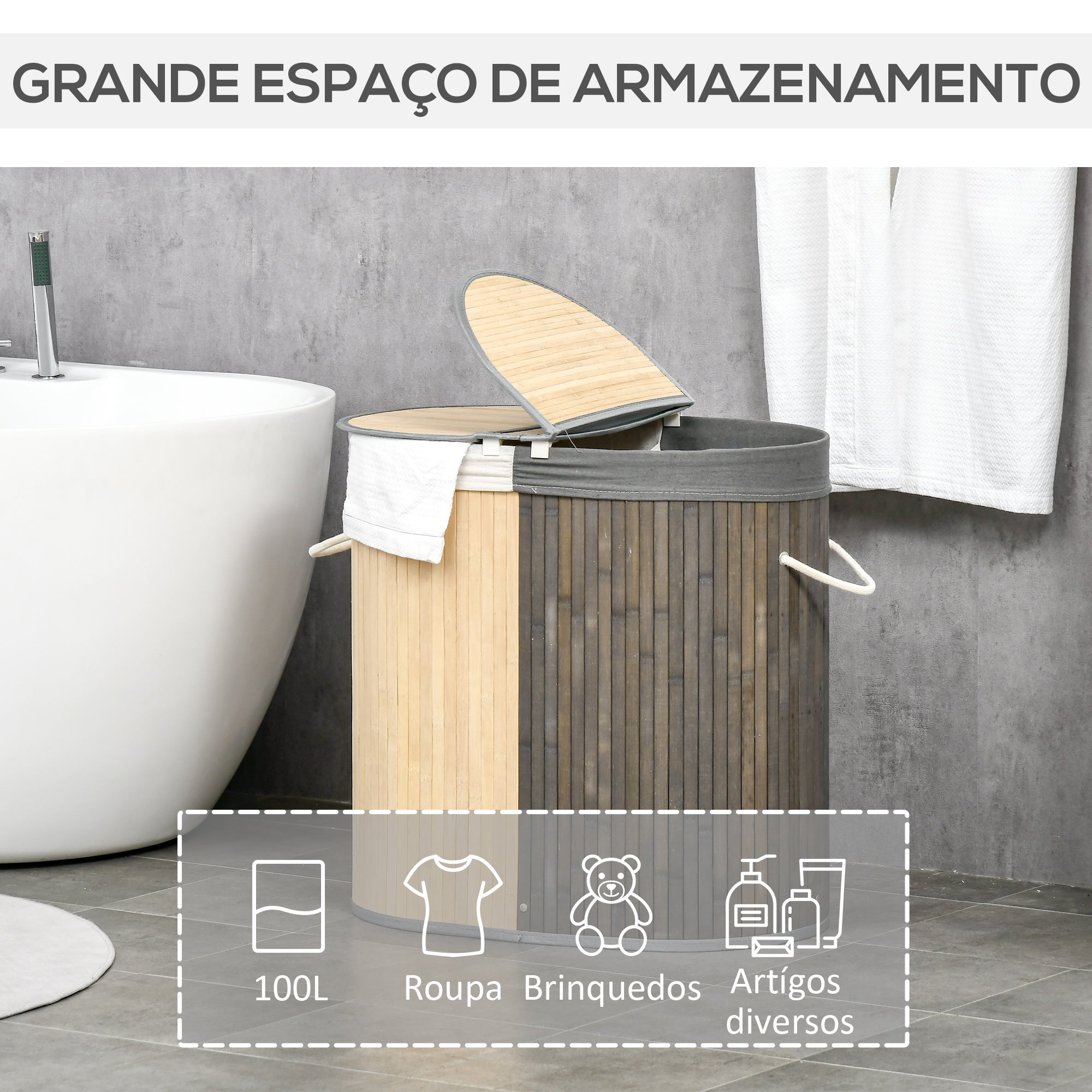 Cesto de Roupa de Bambu 100L 62,5x37x60,5cm Cinza e Madeira