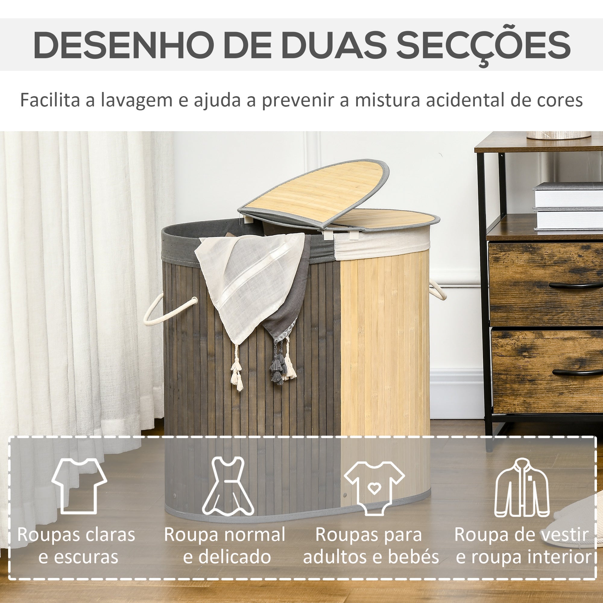 Cesto de Roupa de Bambu 100L 62,5x37x60,5cm Cinza e Madeira