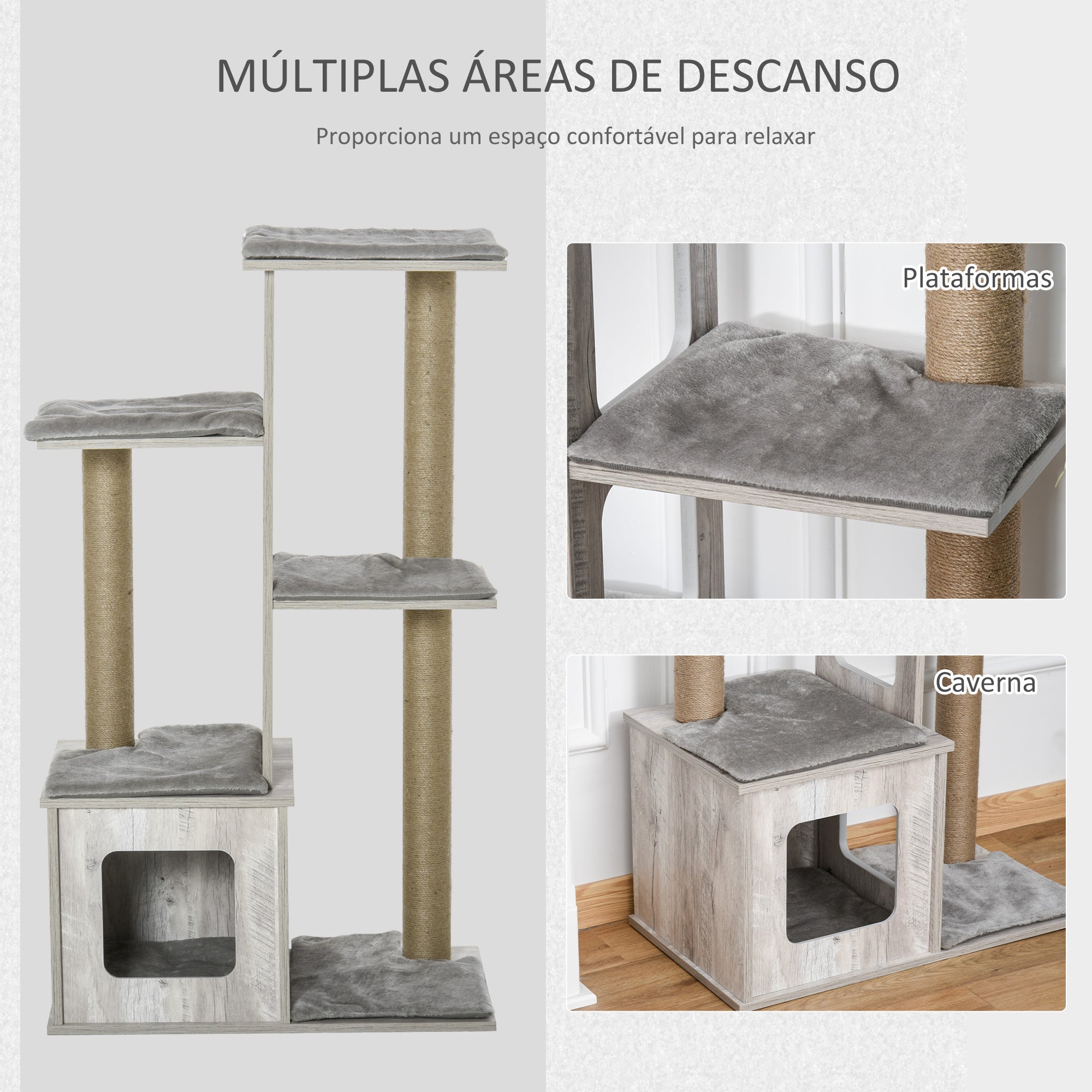 Arranhador para Gatos com Caverna e Plataformas - 67x38.5x114cm - Cinzento