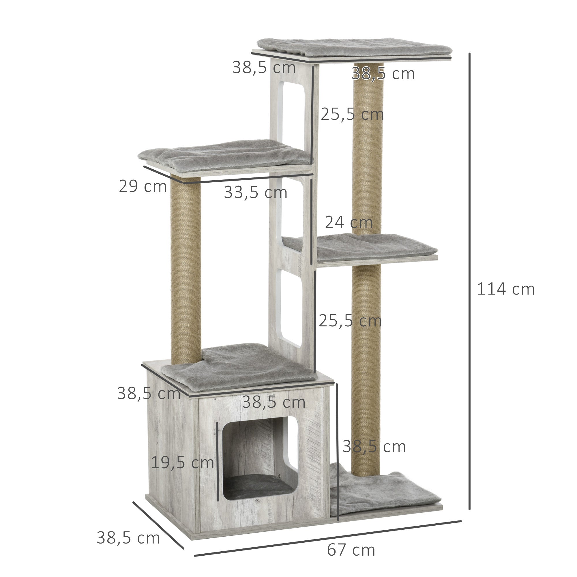 Arranhador para Gatos com Caverna e Plataformas - 67x38.5x114cm - Cinzento