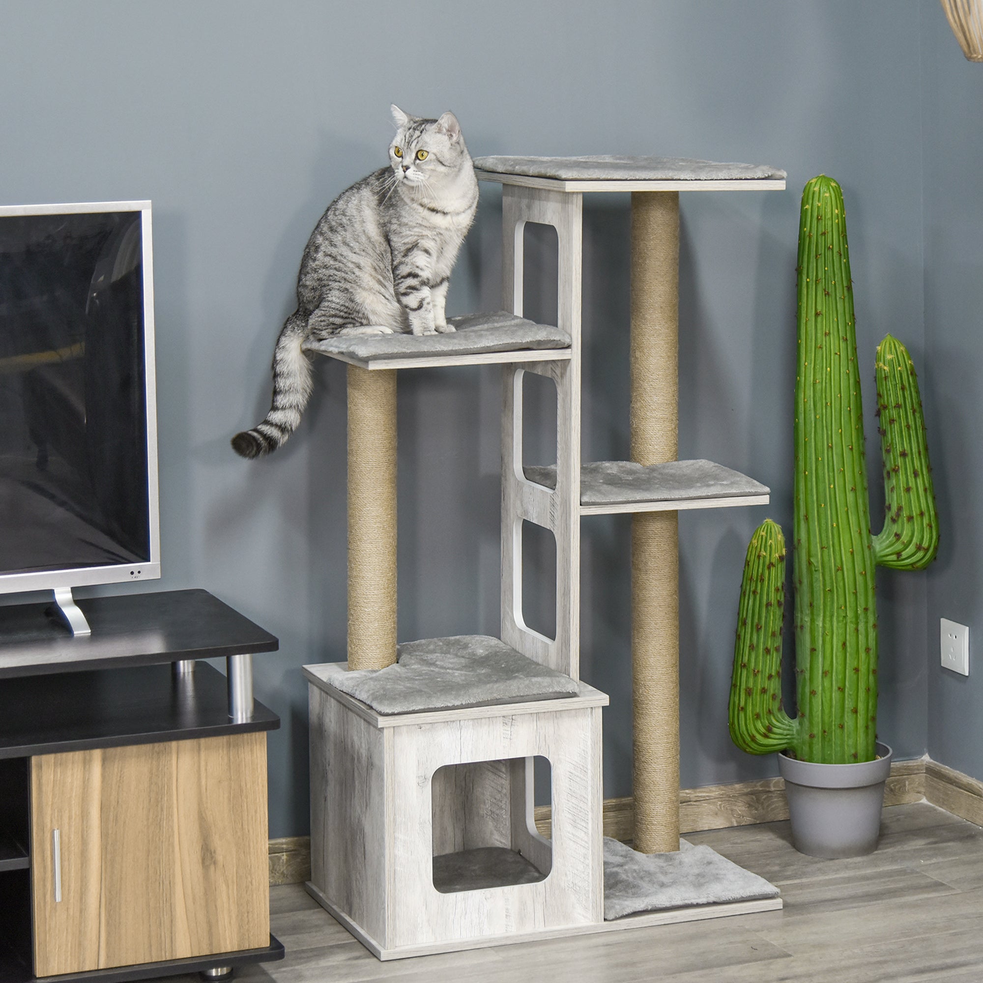 Arranhador para Gatos com Caverna e Plataformas - 67x38.5x114cm - Cinzento