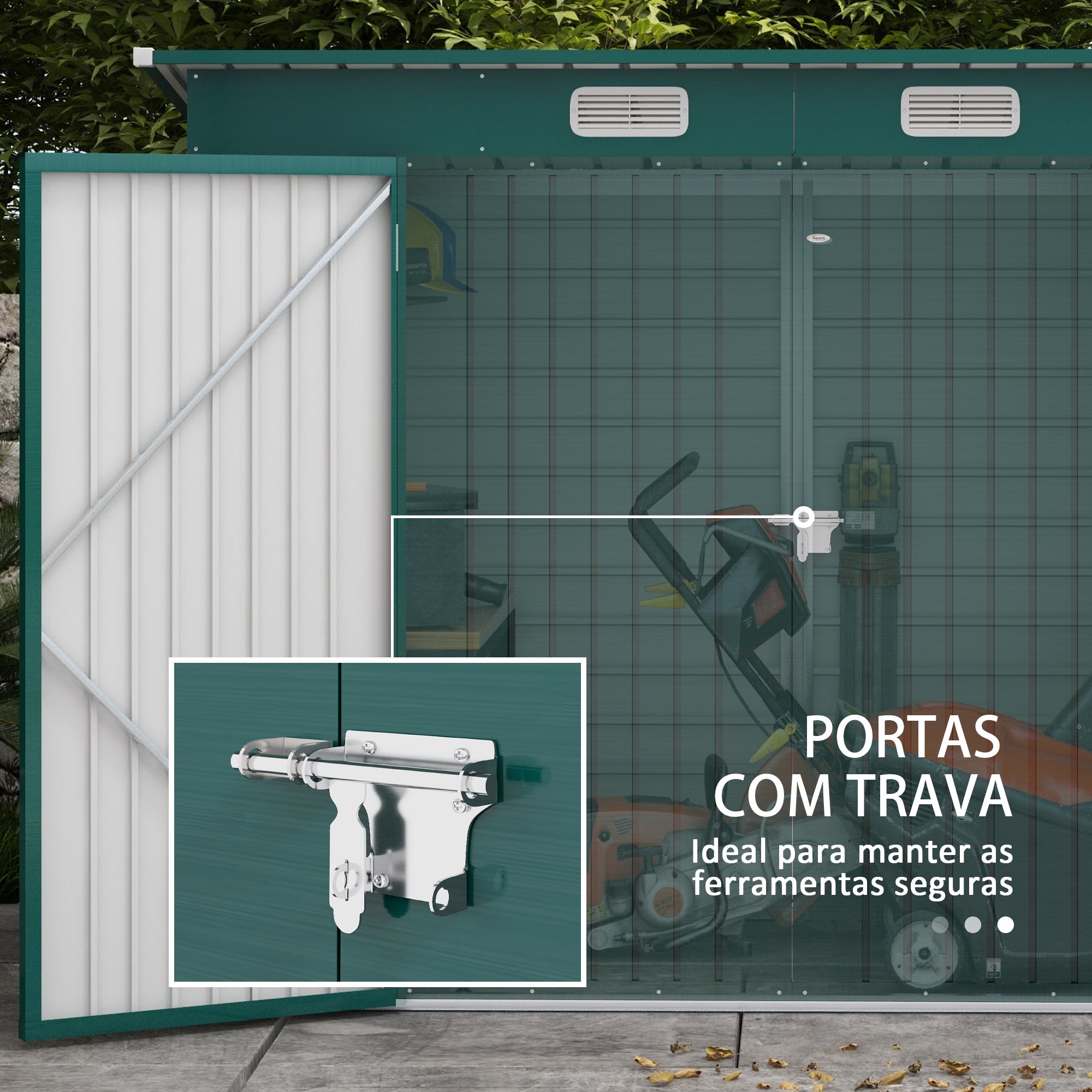 Abrigo de Jardim Verde 249x121x166/183 cm - Estrutura de Aço, Ventilação e Trava