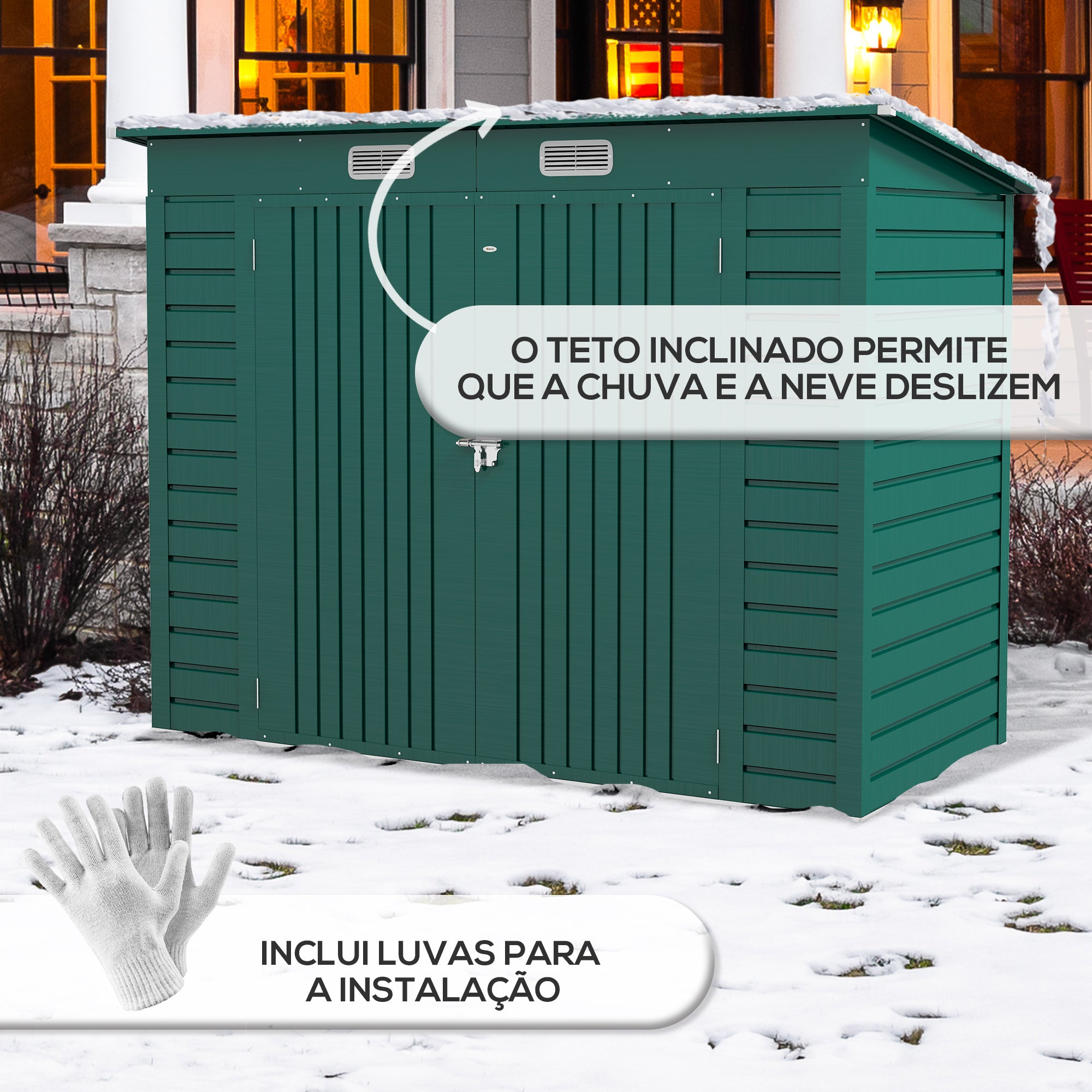 Abrigo de Jardim Verde 249x121x166/183 cm - Estrutura de Aço, Ventilação e Trava