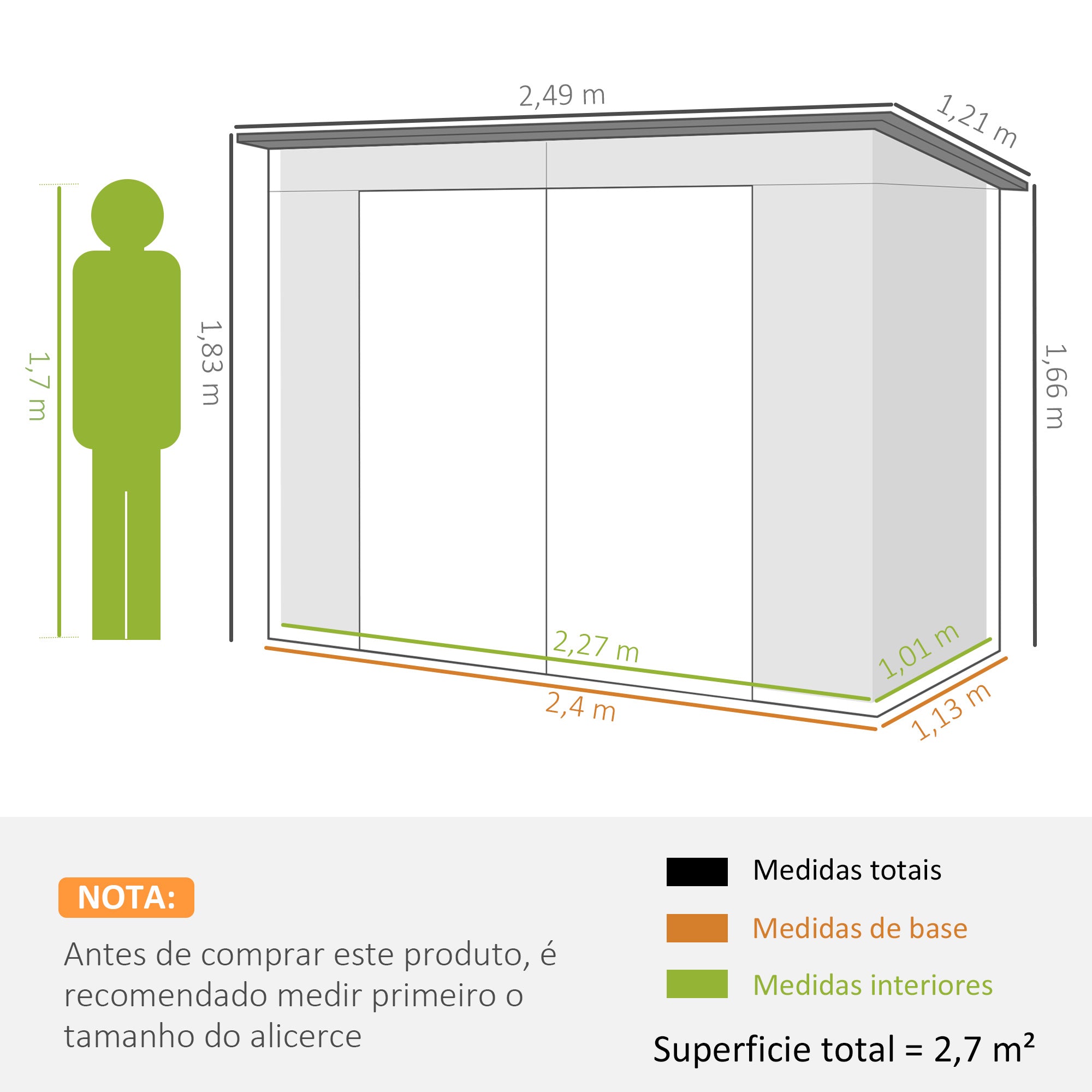 Abrigo de Jardim Verde 249x121x166/183 cm - Estrutura de Aço, Ventilação e Trava