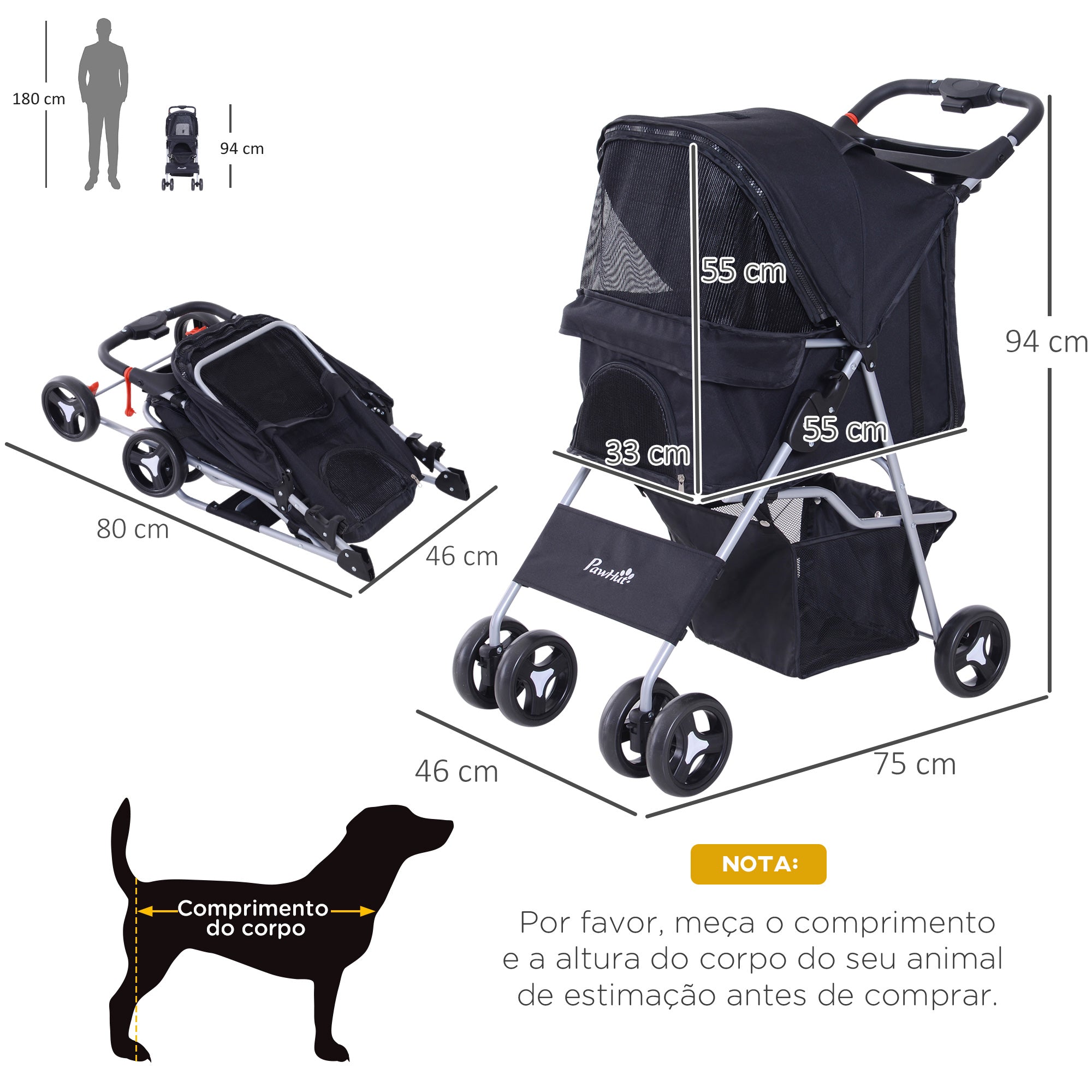 Carrinho para Animais de Estimação Dobrável 75x46x94 cm Preto
