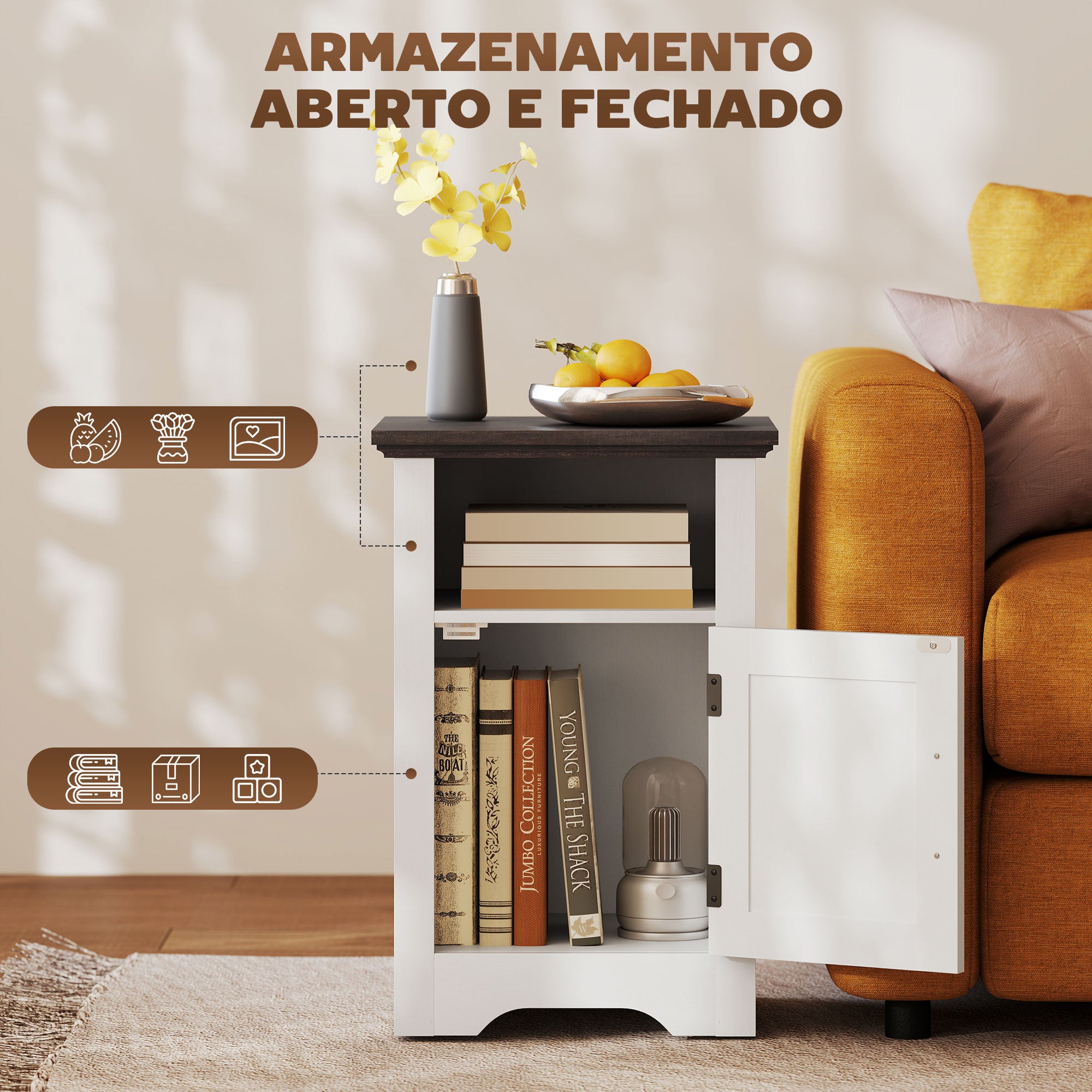Mesas Auxiliares Brancas 40x35x60 cm - Conjunto de 2 com Porta Estilo Celeiro e Prateleira Aberta