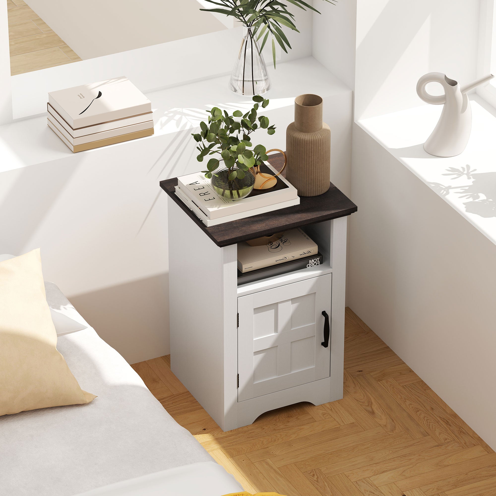 Mesas Auxiliares Brancas 40x35x60 cm - Conjunto de 2 com Porta Estilo Celeiro e Prateleira Aberta