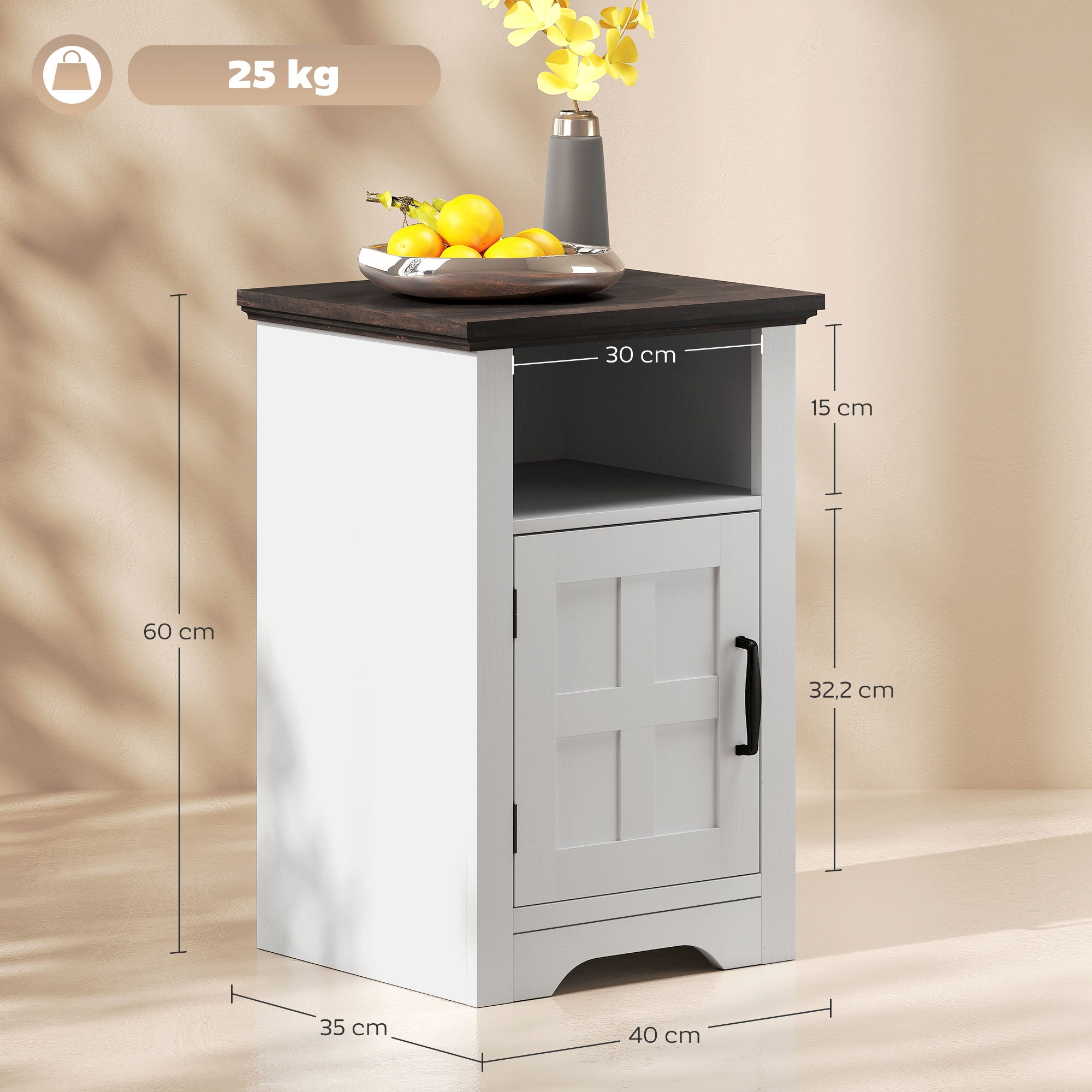 Mesas Auxiliares Brancas 40x35x60 cm - Conjunto de 2 com Porta Estilo Celeiro e Prateleira Aberta