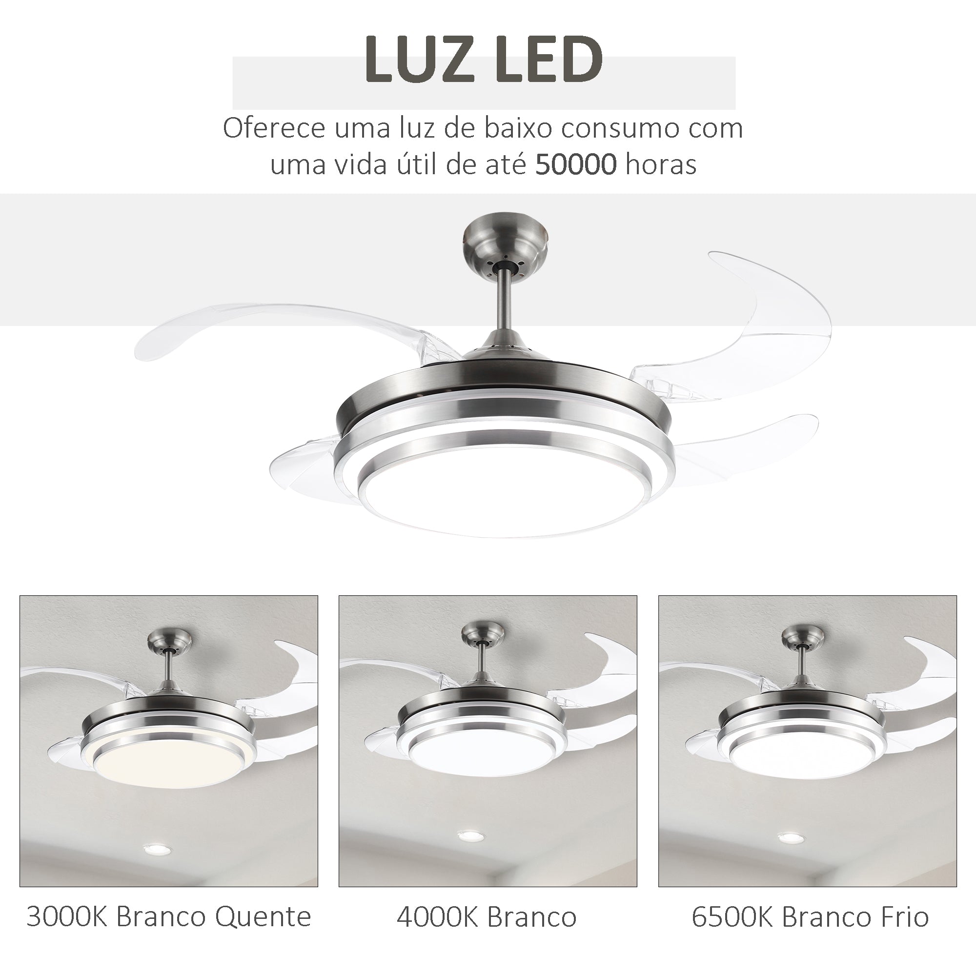 Ventoinha de Teto Prata Ø106x43 cm com Luz LED Ajustável