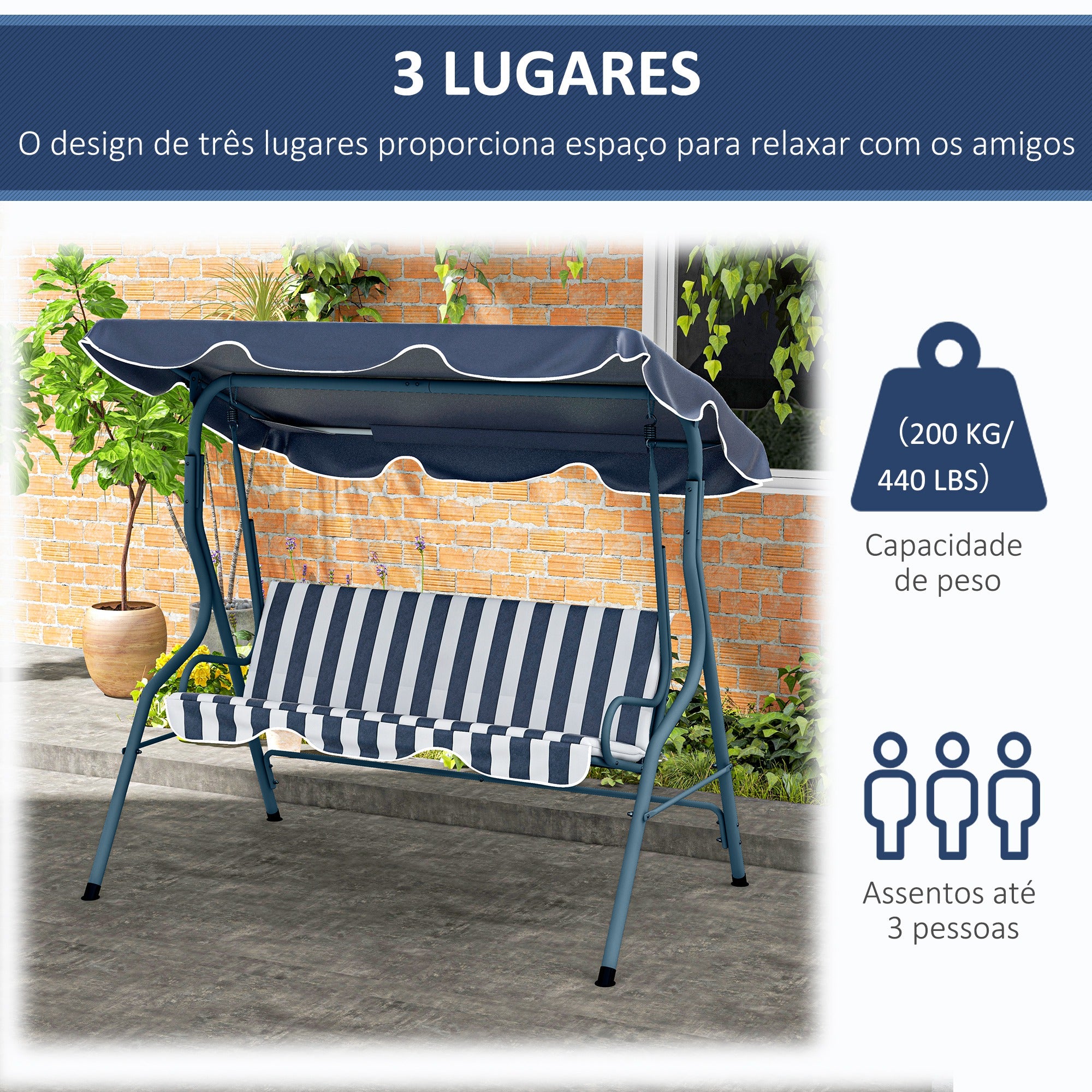 Baloiço de Jardim 2-3 Lugares Azul e Branco 170x110x153 cm