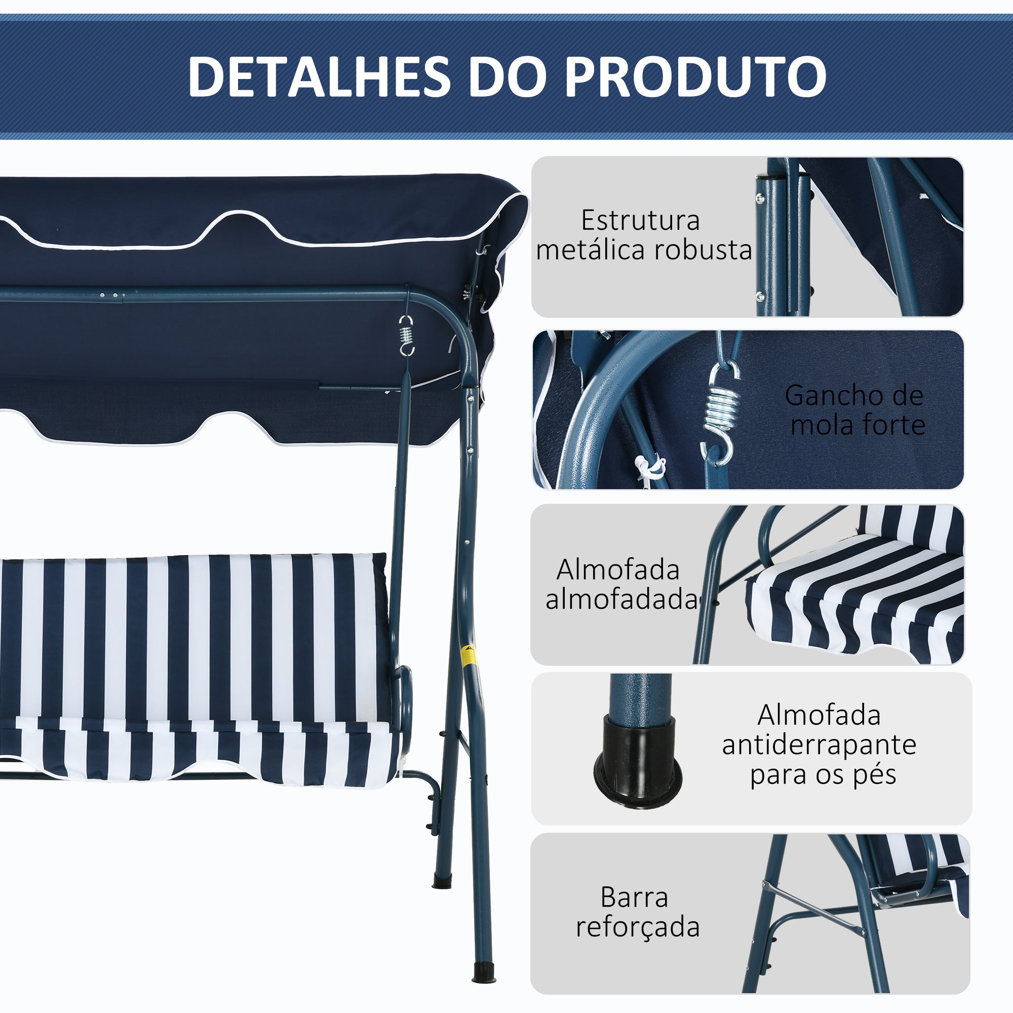 Baloiço de Jardim 2-3 Lugares Azul e Branco 170x110x153 cm