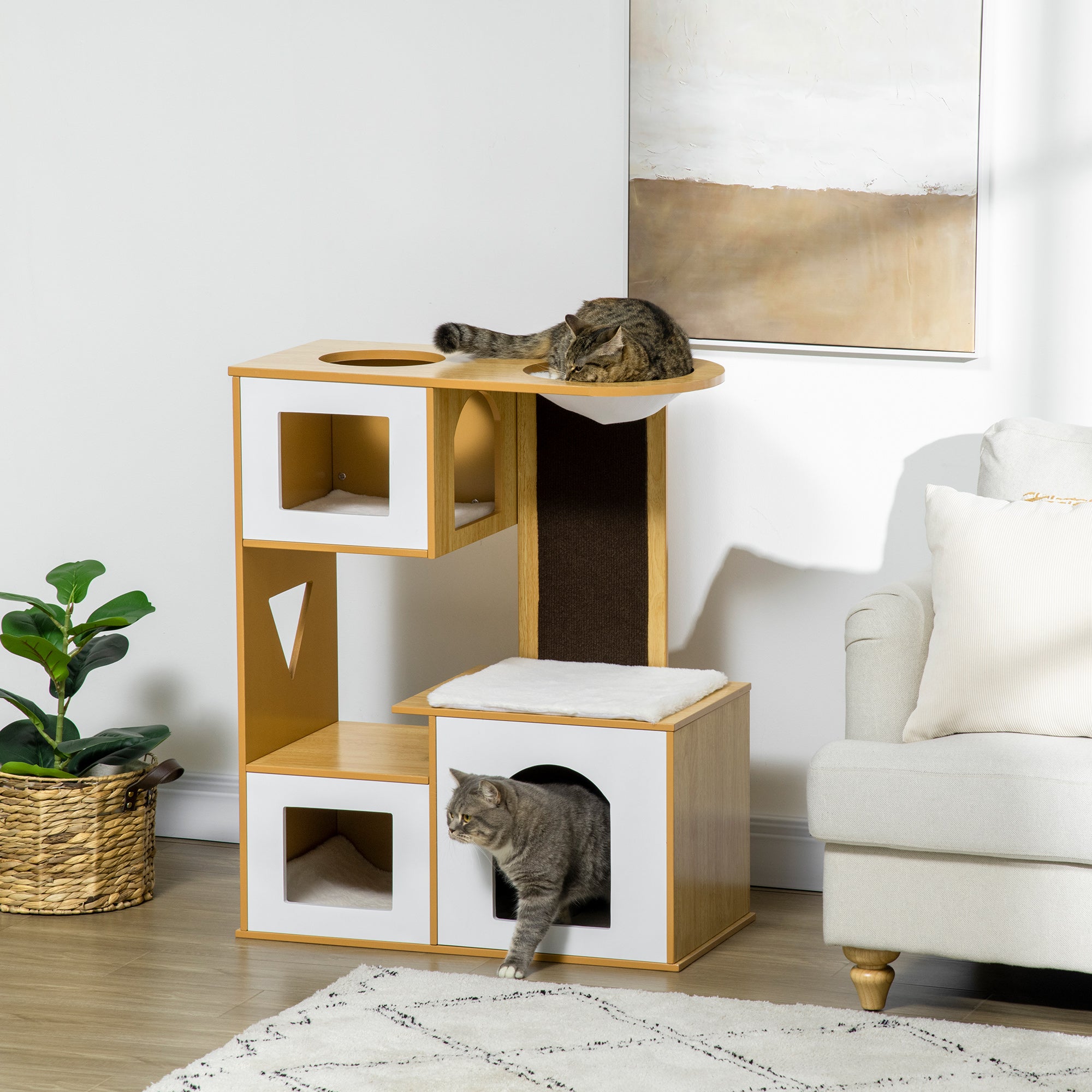 Torre para Gatos com 3 Casas de Madeira e Rede - 76x37x92,5cm - Carvalho e Branco